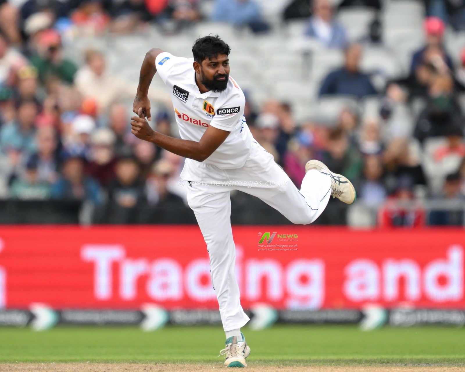 Prabath Jayasuriya of Sri Lanka delivers the ball during the England Men v Sri Lanka 1st Rothesay Test Match Day 2 at Old Trafford, Manchester, United Kingdom, 22nd August 2024

(Photo by Craig Thomas/News Images)