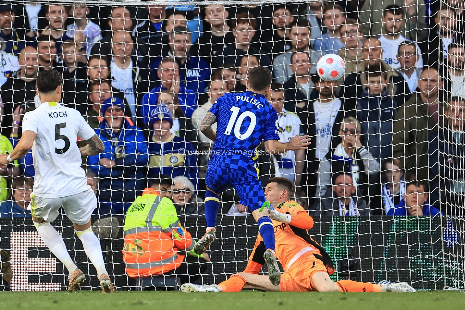 Illan Meslier #1 of Leeds United saves a shot from Christian Pulisic #10 of Chelsea