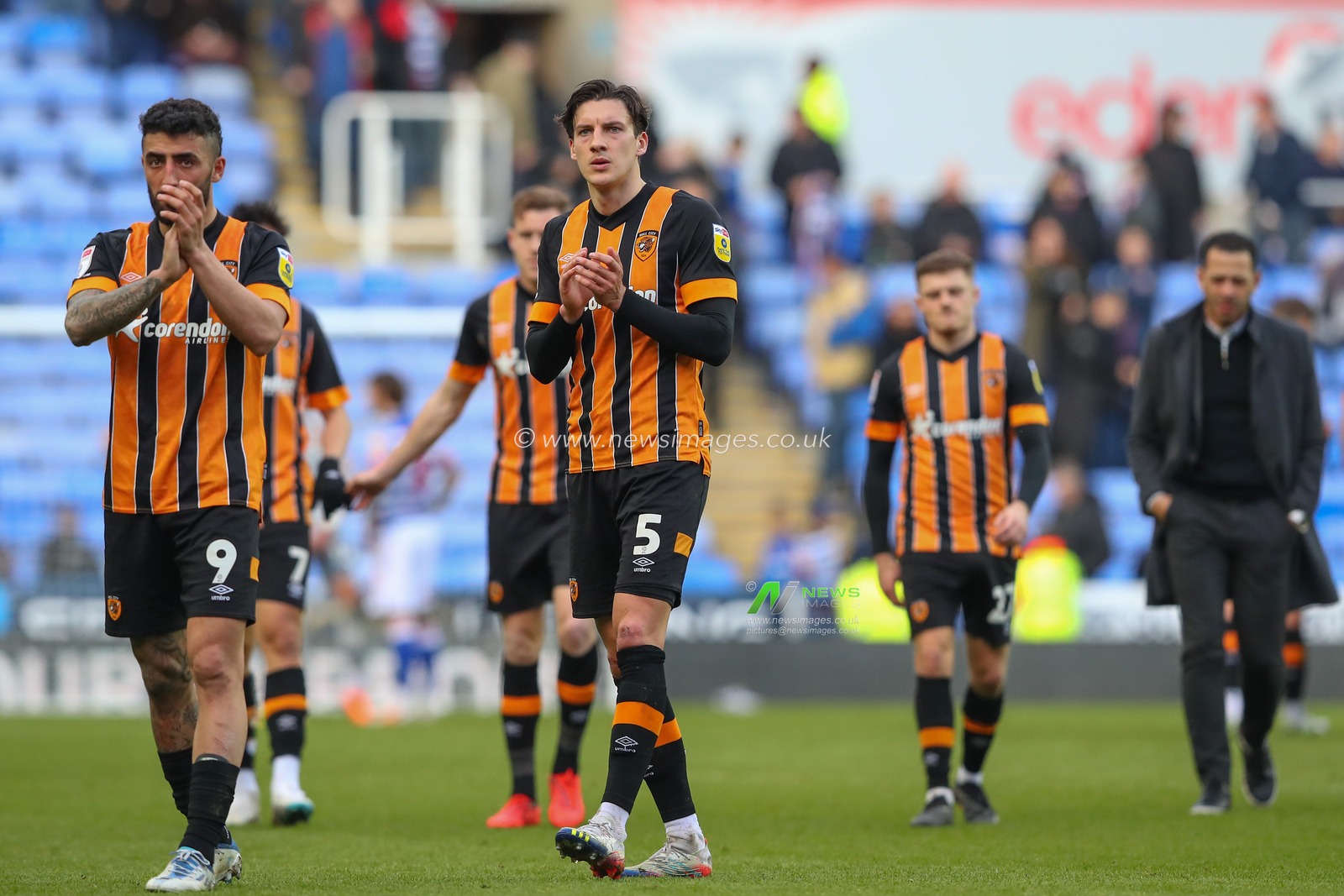 Alfie Jones #5 of Hull City applauds the travelling fans after the Sky Bet Championship match Reading vs Hull City at Select Car Leasing Stadium, Reading, United Kingdom, 18th March 2023

(Photo by Gareth Evans/News Images)