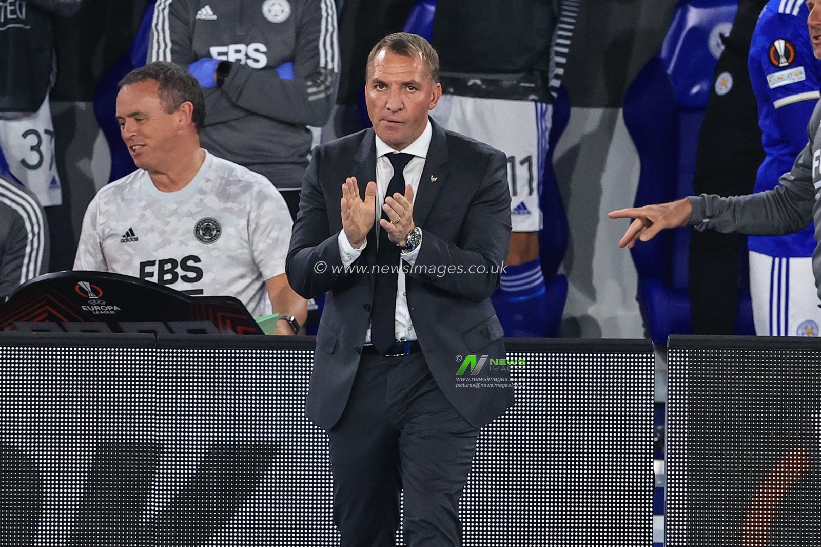 Brendan Rogers manager of Leicester City celebrates Patson Daka #29 of Leicester Cityâ€™s goal to make it 2-0