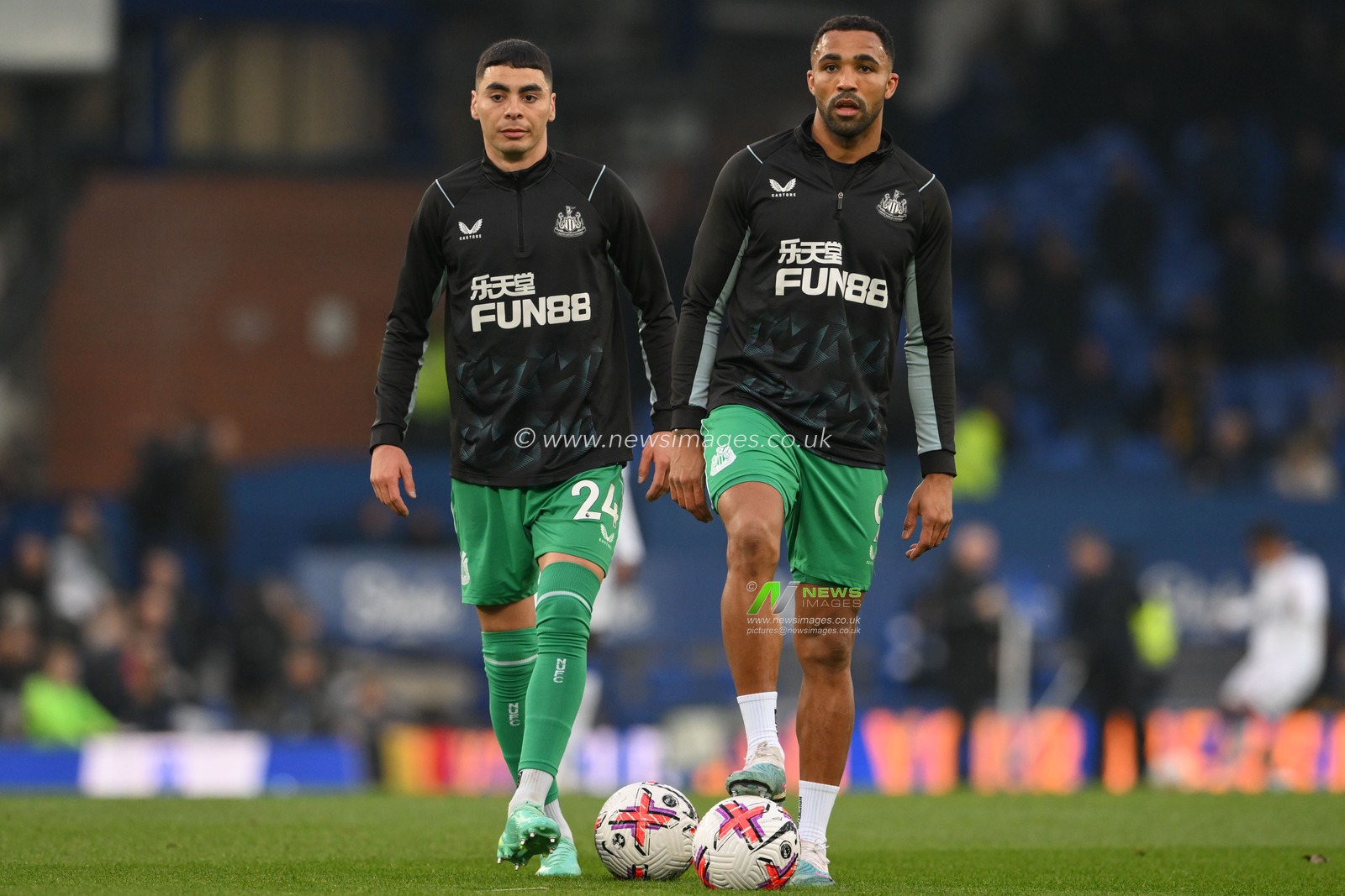Miguel AlmirÃ³n #24 of Newcastle United and Callum Wilson #9 of Newcastle United during the pre-game warm up ahead of the Premier League match Everton vs Newcastle United at Goodison Park, Liverpool, United Kingdom, 27th April 2023

(Photo by Craig Thomas/News Images)