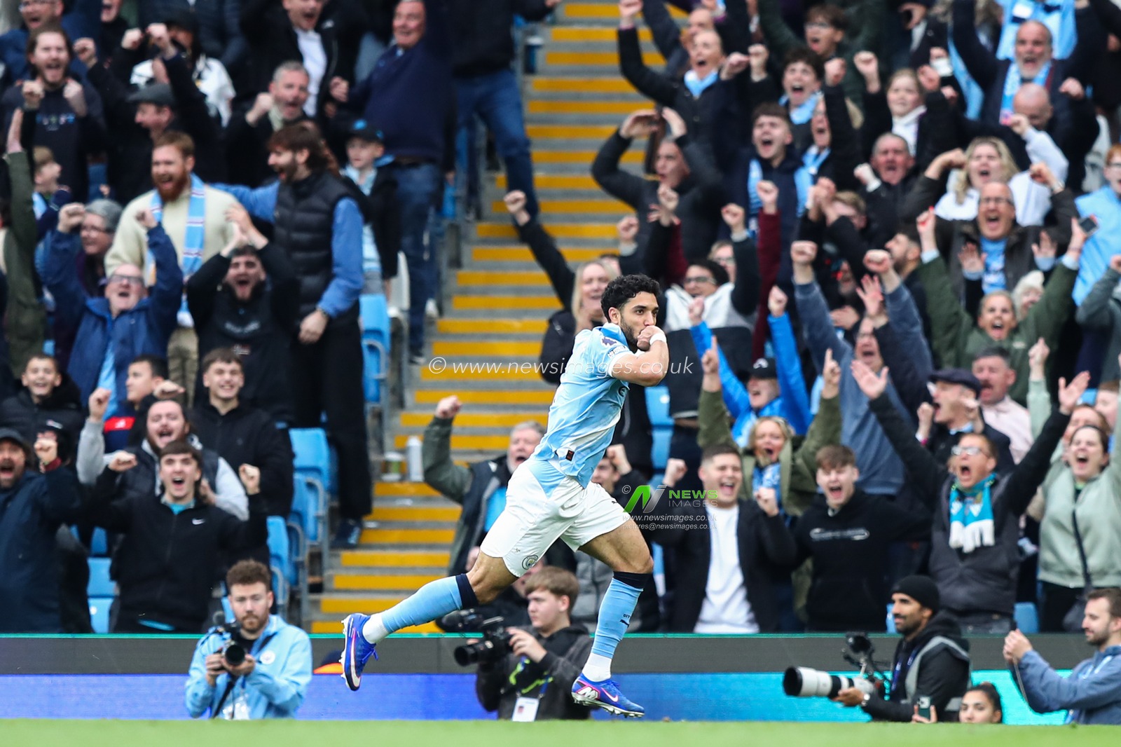 Omar Marmoush of Manchester City celebrates his goal to make it 3-0 during the Premier League match Manchester City vs Brentford at The City in the Community Etihad Stadium, Manchester, United Kingdom on 09 May 2026

(Photo by Jorge Horsted/News Images)