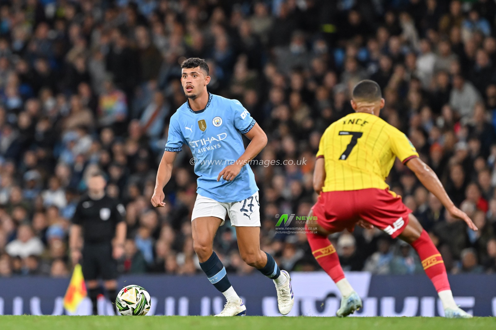 Matheus Nunes of Manchester City breaks forwards with the ball during the Carabao Cup match Manchester City vs Watford at Etihad Stadium, Manchester, United Kingdom, 24th September 2024

(Photo by Cody Froggatt/News Images)