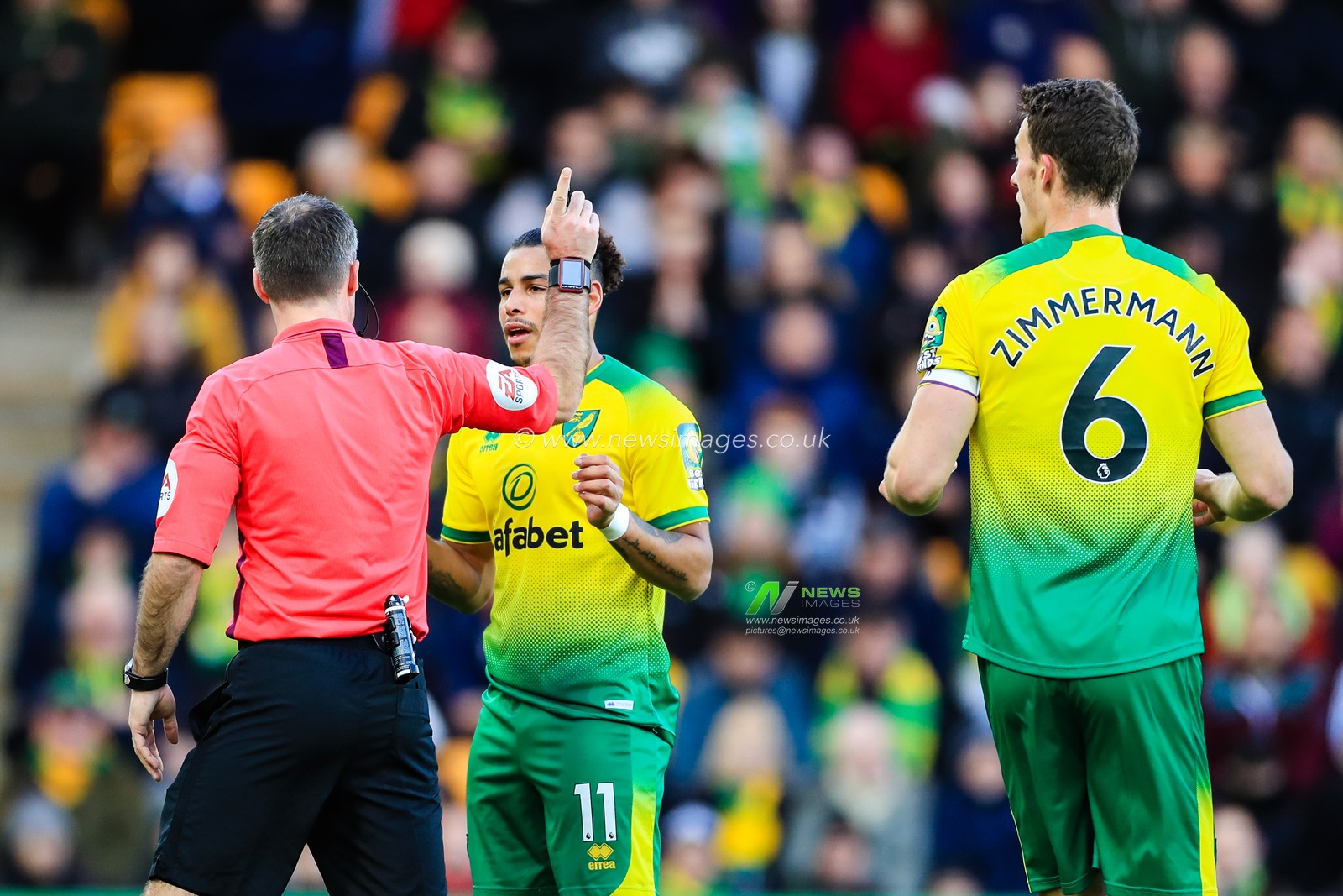 1st December 2019, Carrow Road, Norwich, England; Premier League, Norwich City v Arsenal : Onel Hernandez (11) of Norwich City appeals to referee Paul Tierney following Arsenalâ€™s penalty decision.

Credit: Georgie Kerr/News Images