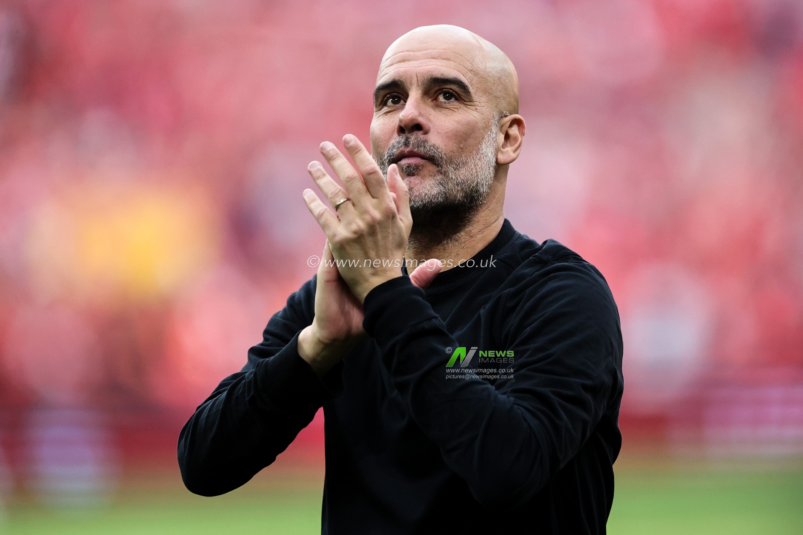 Pep Guardiola manager of Manchester City applauds the travelling fans after the Emirates FA Cup Semi-Final match Nottingham Forest vs Manchester City at Wembley Stadium, London, United Kingdom, 26th April 2025

(Photo by Alfie Cosgrove/News Images)