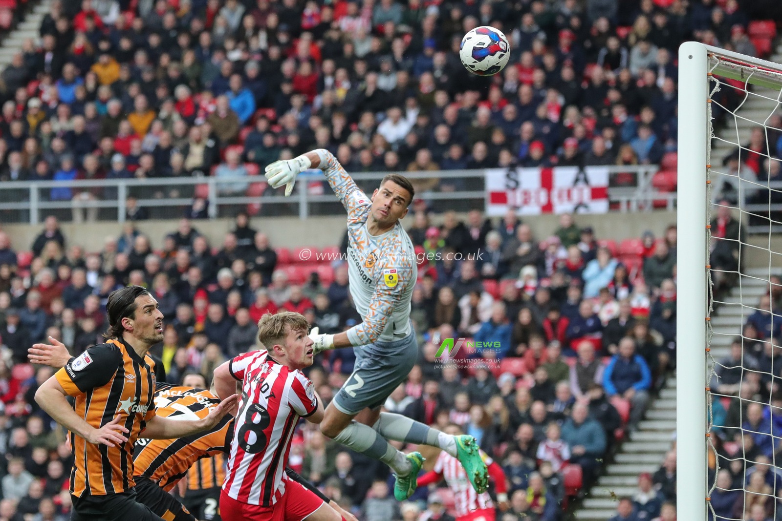 Karl Darlow #12 of Hull City makes a fingertip save during the Sky Bet Championship match Sunderland vs Hull City at Stadium Of Light, Sunderland, United Kingdom, 7th April 2023

(Photo by Alfie Cosgrove/News Images)