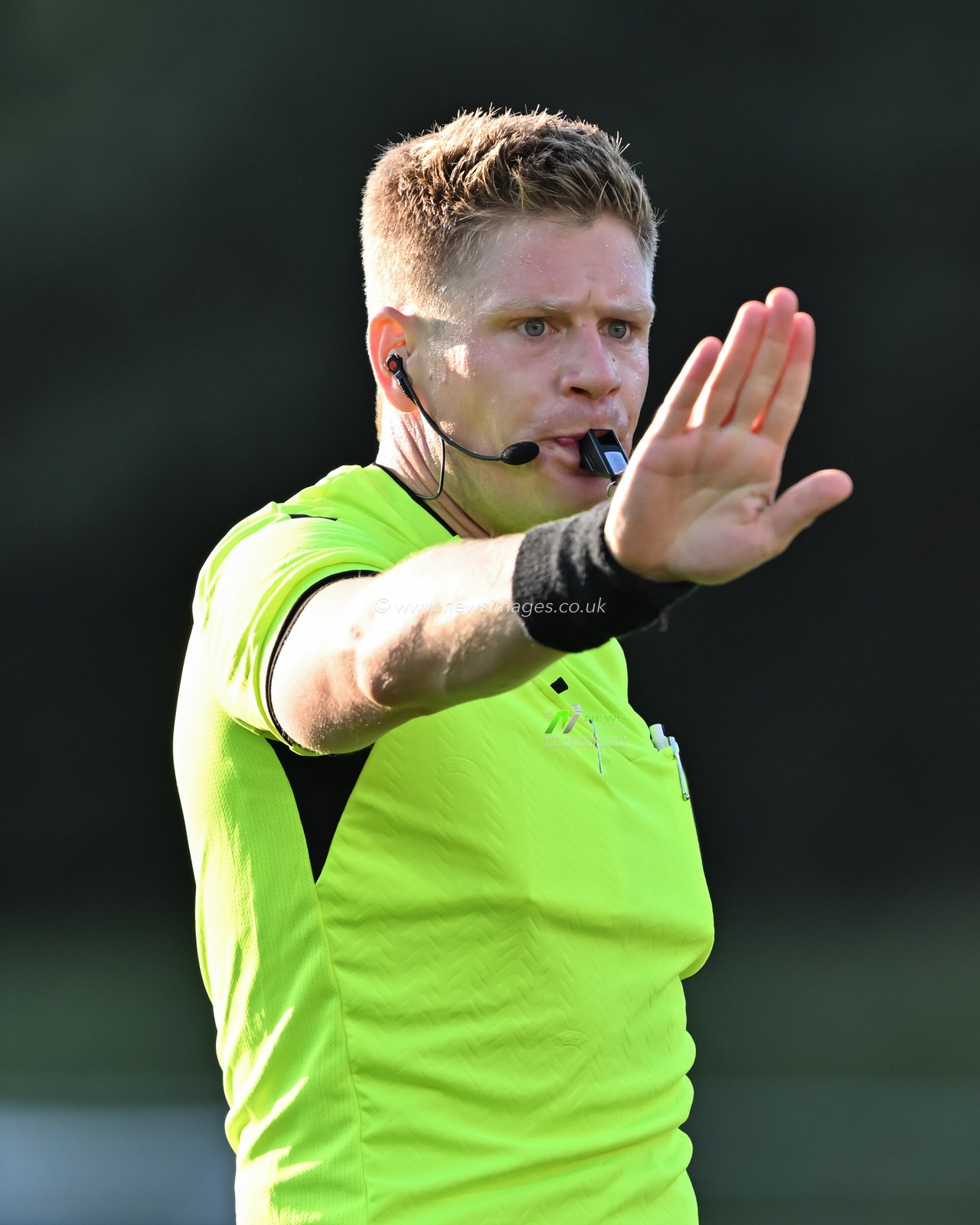 Referee Jakob Sundberg during the UEFA Conference League match The New Saints vs FK PanevÄ—Å¾ys at Park Hall Stadium, Oswestry, United Kingdom, 29th August 2024

(Photo by Cody Froggatt/News Images)
