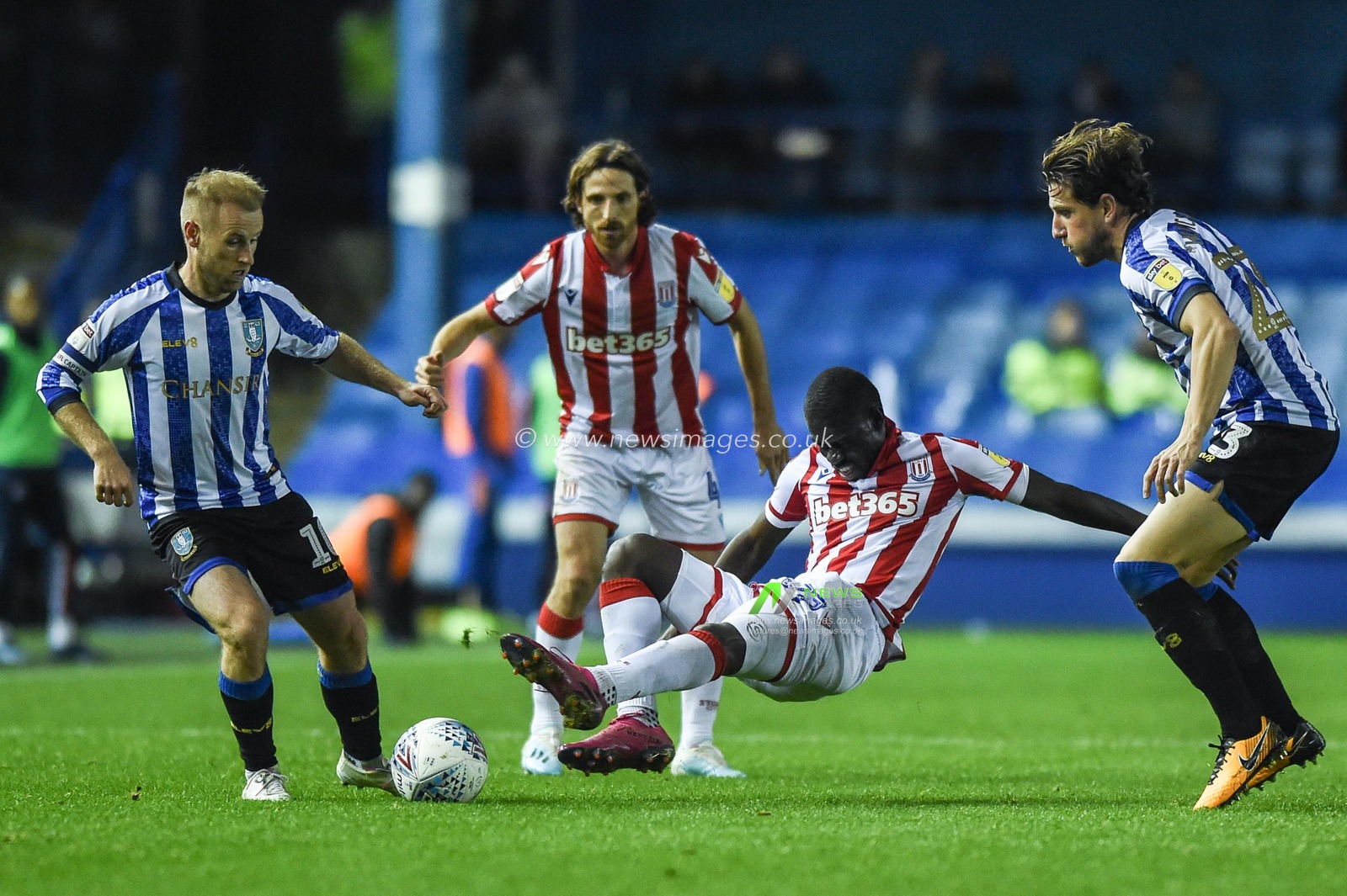 22nd October 2019, Hillsborough, Sheffield, England; Sky Bet Championship, Sheffield Wednesday v Stoke City : Badou Ndiaye (27) of Stoke City lunges into a tackle on Barry Bannan (10) of Sheffield Wednesday 
Credit: Dean Williams/News Images