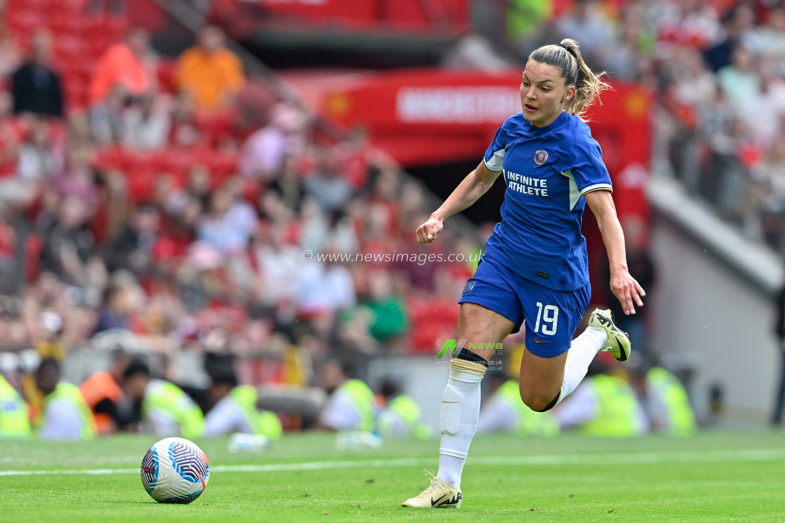 Johanna Rytting Kaneryd of Chelsea Women chases down the ball, during the The FA Women's Super League match Manchester United Women vs Chelsea FC Women at Old Trafford, Manchester, United Kingdom, 18th May 2024

(Photo by Cody Froggatt/News Images)