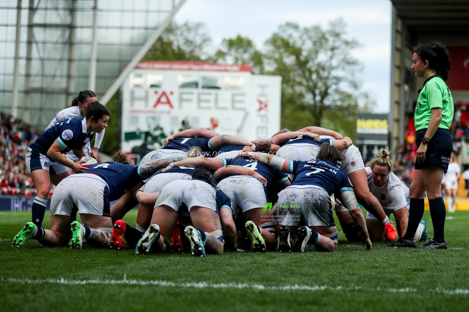 England Women and Scotland Women form a scrum during the 2025 Guinness Womenâ€™s 6 Nations match England vs Scotland at Mattioli Woods Welford Road Stadium, Leicester, United Kingdom, 19th April 2025

(Photo by Izzy Poles/News Images)