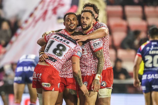 Keanan Brand of Leigh Leopards celebrates his try making it 4-0 during the Betfred Super League play-off Eliminator 1 match Leigh Leopards vs Wakefield Trinity at Progress With Unity Stadium, Leigh, United Kingdom, 26th September 2025

(Photo by Alfie Cosgrove/News Images)