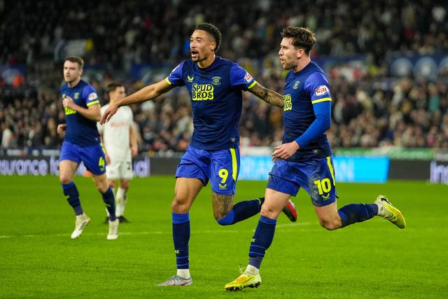 Daniel Jebbison of Preston North End celebrates scoring his teams first goal during the Sky Bet Championship match Swansea City vs Preston North End at Swansea.com Stadium, Swansea, United Kingdom on 24 February 2026

(Photo by Andrew Lewis/News Images)