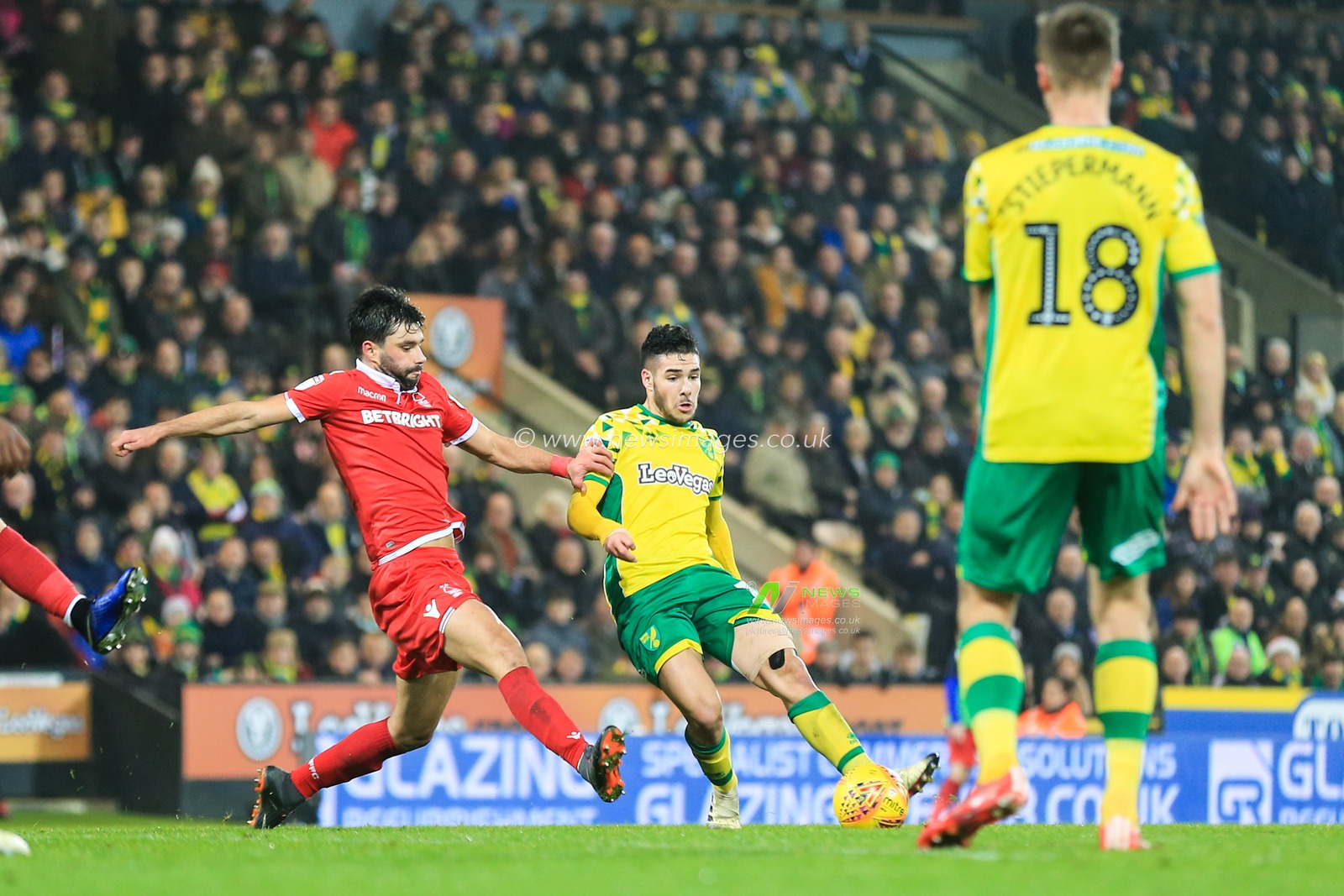 26th December 2018, Carrow Road, Norfolk, England; Sky Bet Championship, Norwich City vs Nottingham Forest ;  Claudio Yacob (24) of Nottingham Forest applies pressure to Emiliano Buendia (17) of Norwich City.

Credit: Georgie Kerr/News Images

English Football League images are subject to DataCo Licence