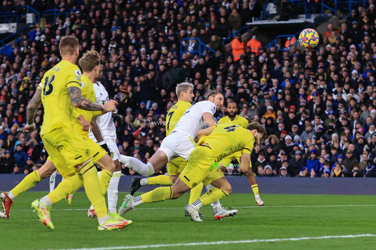 Luke Ayling #2 of Leeds United heads on goal, great save from Ãlvaro Fernandez #40 of Brentford