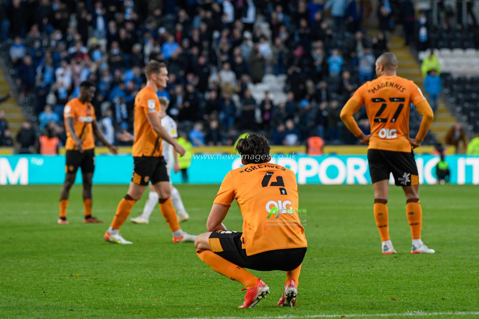 The Hull City players react to losing 0-1 to Coventry City after the final whistle