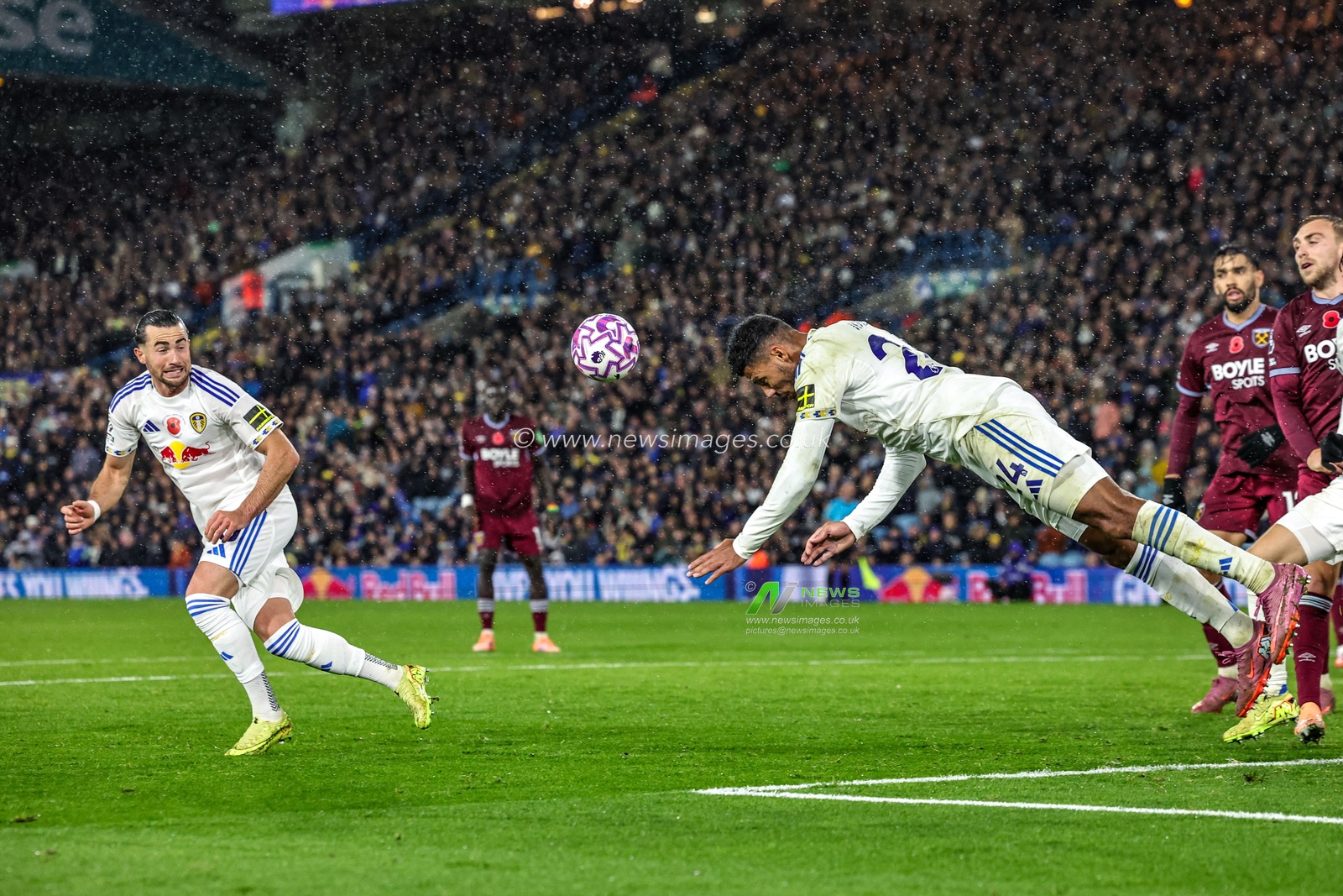 James Justin of Leeds United heads clear from a corner during the Premier League match Leeds United vs West Ham United at Elland Road, Leeds, United Kingdom, 24th October 2025

(Photo by Mark Cosgrove/News Images)