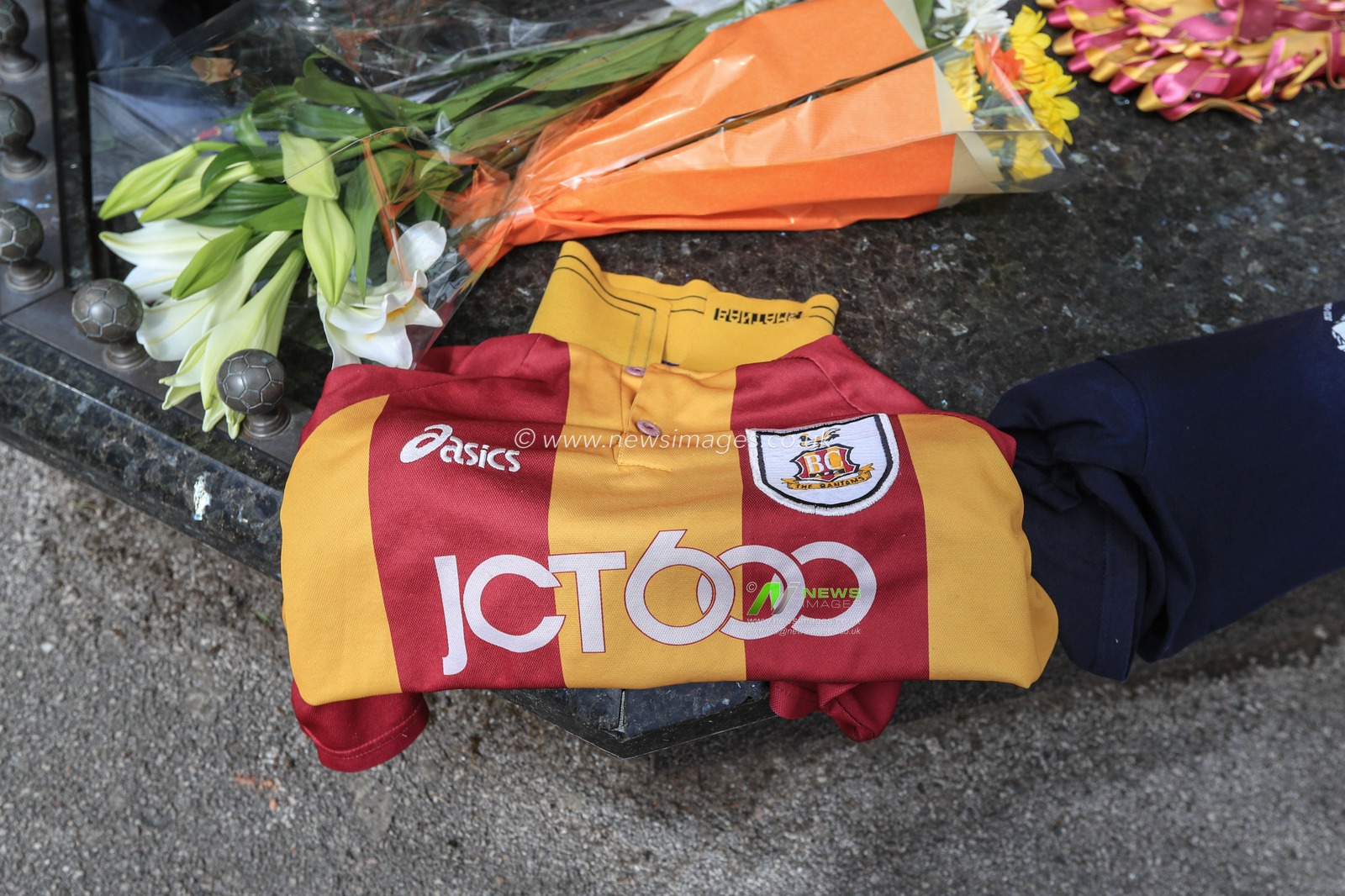 A Bradford City shirt sits on the memorial at the Valley Parade Fire Disaster 35th Memorial after Bradford City hold an online memorial due to the Corona Outbreak