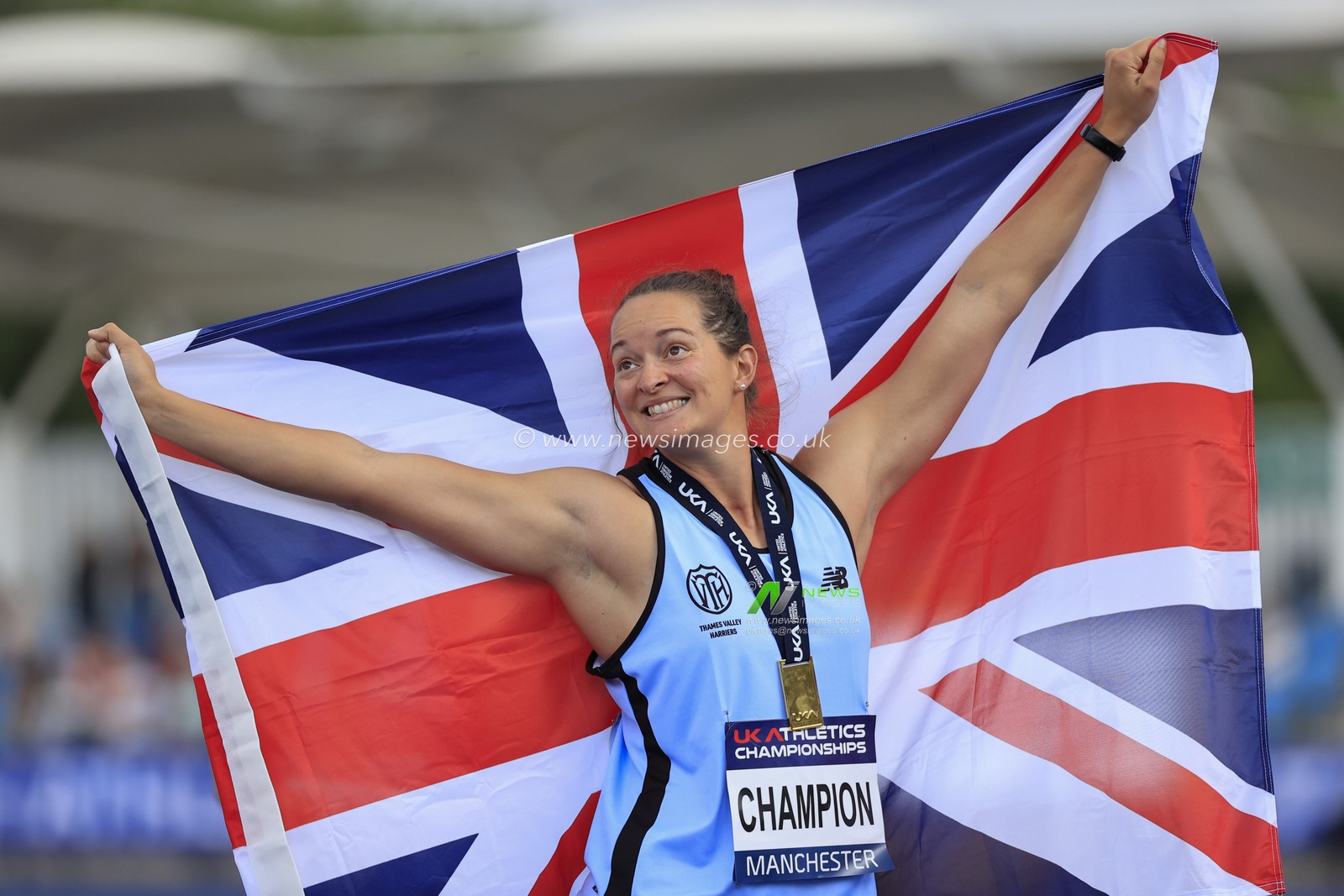 Jade Lally celebrates her gold medal in the womenâ€™s discus during the UK Athletics Championships at Manchester Regional Arena, Manchester, United Kingdom, 9th July 2023

(Photo by Conor Molloy/News Images)
