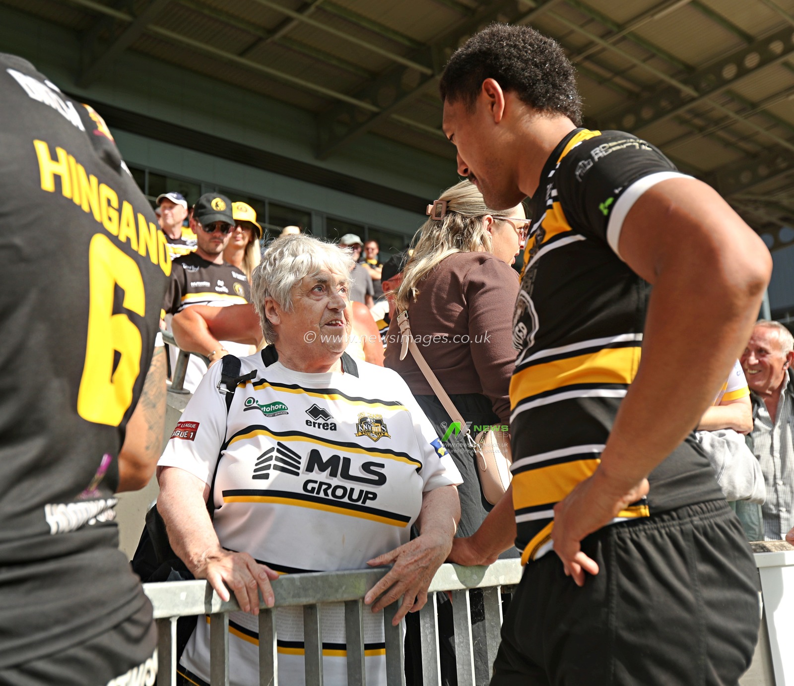Toa Mata'Afa of York Knights RLFC with a fan after the Betfred Championship match York City Knights vs Featherstone Rovers at LNER Community Stadium, York, United Kingdom, 29th June 2025

(Photo by Sam Eaden/News Images)