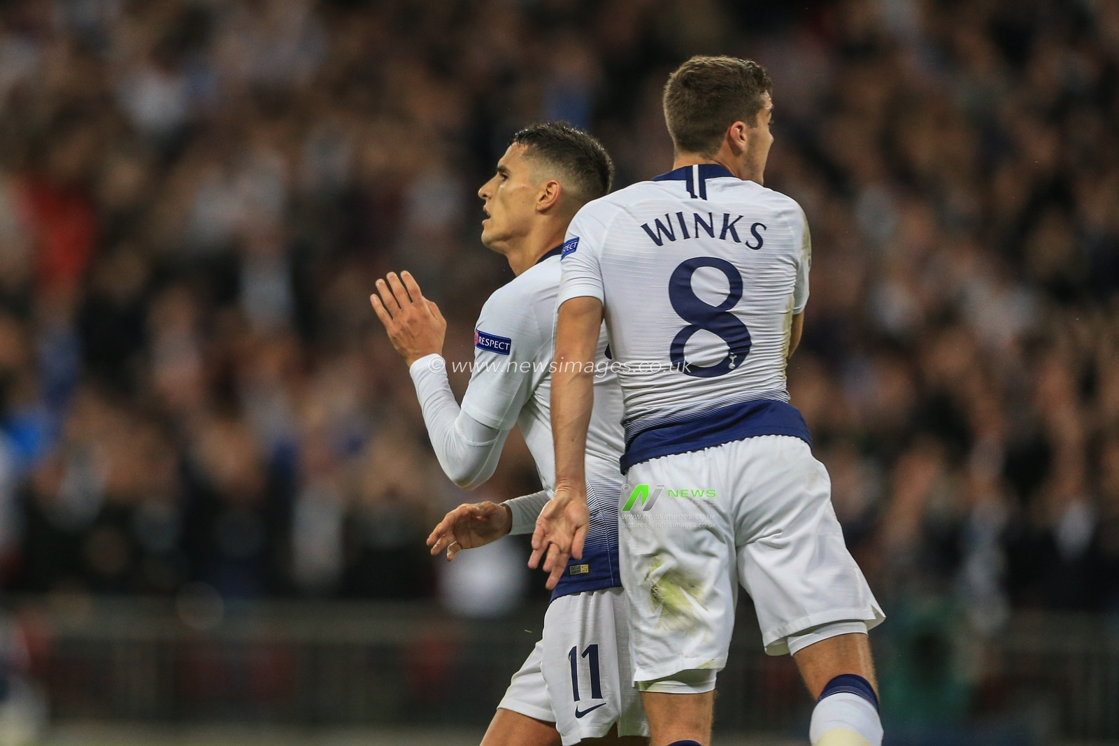 3rd October 2018, Wembley Stadium, London, England; UEFA Champions League, Tottenham v Barcelona ; Harry Winks (08) of Tottenham congratulates Ã‰rik Lamela (11) of Tottenham on scoring to make it 2-3

Credit: Mark Cosgrove/News Images