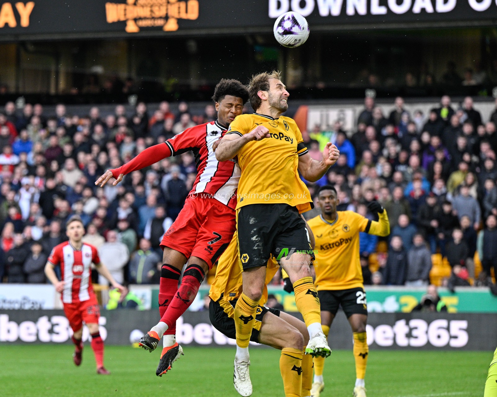 Rhian Brewster of Sheffield United and Craig Dawson of Wolverhampton Wanderers battle for a header during the Premier League match Wolverhampton Wanderers vs Sheffield United at Molineux, Wolverhampton, United Kingdom, 25th February 2024

(Photo by Cody Froggatt/News Images)