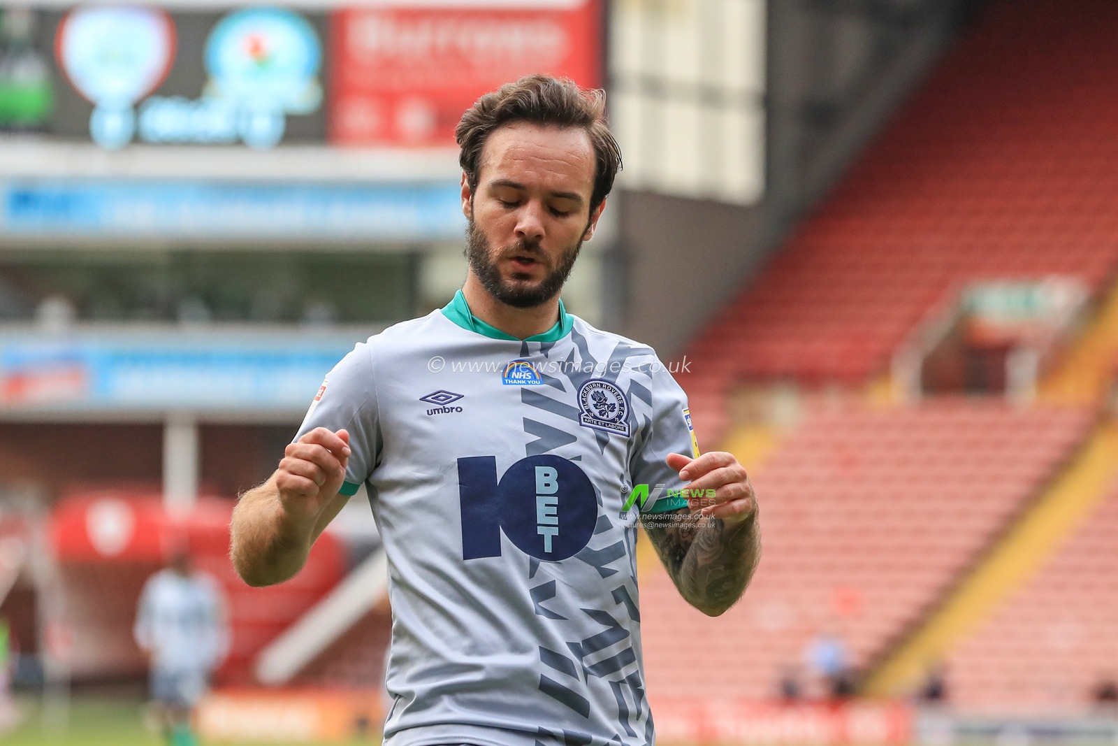 Adam Armstrong (7) of Blackburn Rovers reacts as his close range shot is saved by Jack Walton (13) of Barnsley