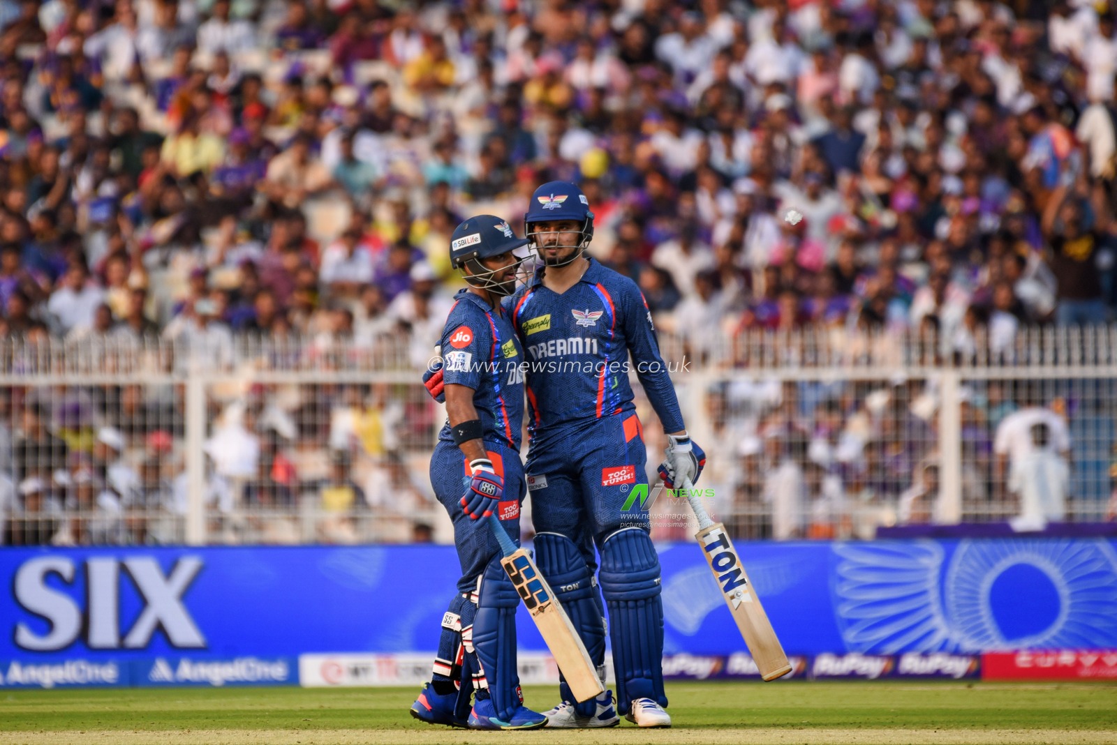 Lucknow Super Giants' Nicholas Pooran, left, celebrates after scoring fifty runs at the Indian Premier League (IPL) 2025 cricket match between Kolkata Knight Riders and Lucknow Super Giants, at Eden Gardens, in Kolkata, West Bengal, Tuesday, April 8, 2025. Photo by Debajyoti Chakraborty.(Photo: Debajyoti Chakraborty/News Images)