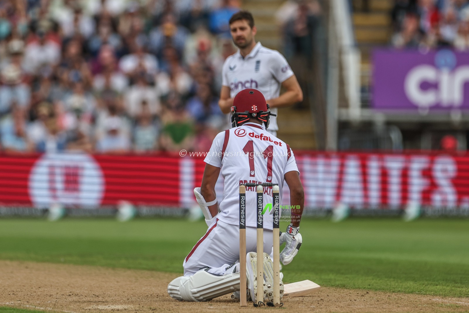 Kraigg Brathwaite of West Indies hits the ground after being hit by the ball from Mark Wood of England during the 3rd Rothesay Test Match Day One match England vs West Indies at Edgbaston, Birmingham, United Kingdom, 26th July 2024

(Photo by Mark Cosgrove/News Images)