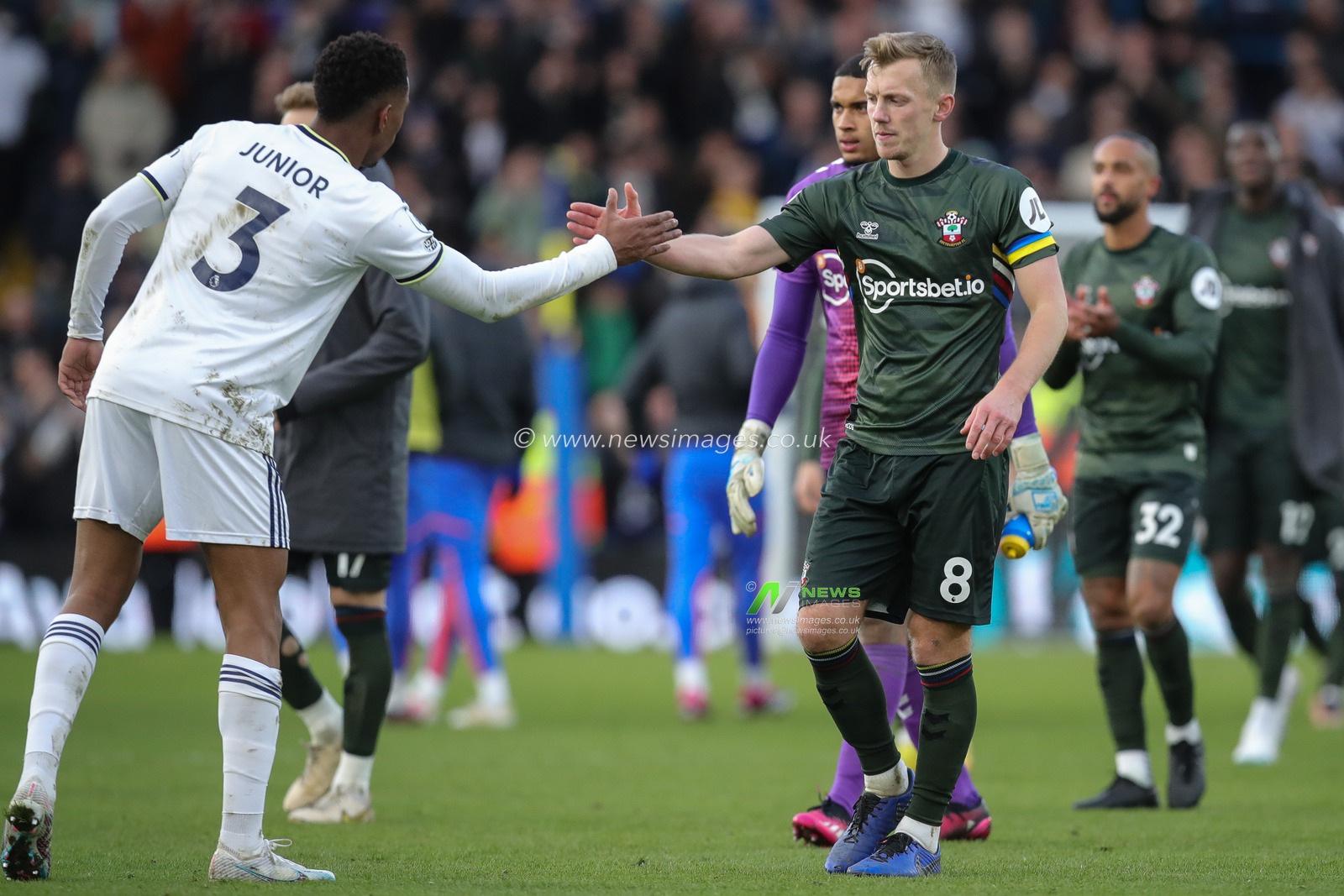 James Ward-Prowse #8 of Southampton shakes hands with JÃºnior Firpo #3 of Leeds United after the Premier League match Leeds United vs Southampton at Elland Road, Leeds, United Kingdom, 25th February 2023

(Photo by James Heaton/News Images)