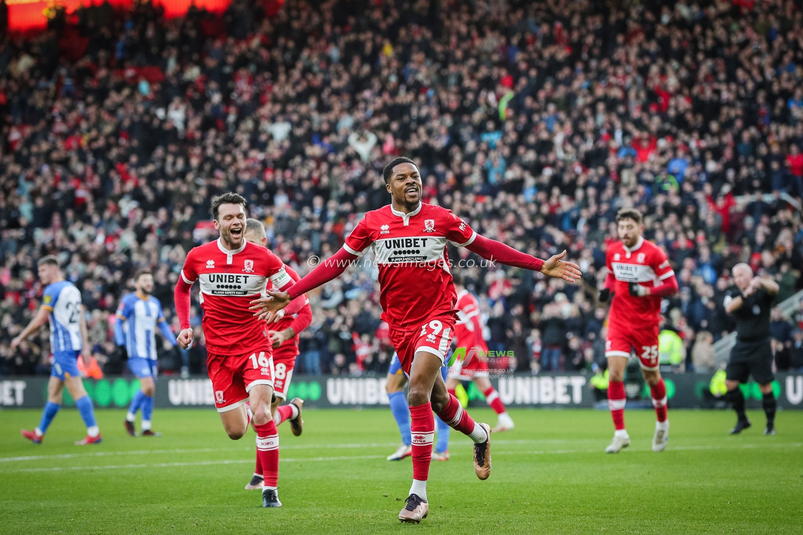 Chuba Akpom #29 of Middlesbrough celebrates his goal and makes the score 1-1during the Emirates FA Cup match Middlesbrough vs Brighton and Hove Albion at Riverside Stadium, Middlesbrough, United Kingdom, 7th January 2023

(Photo by James Heaton/News Images)