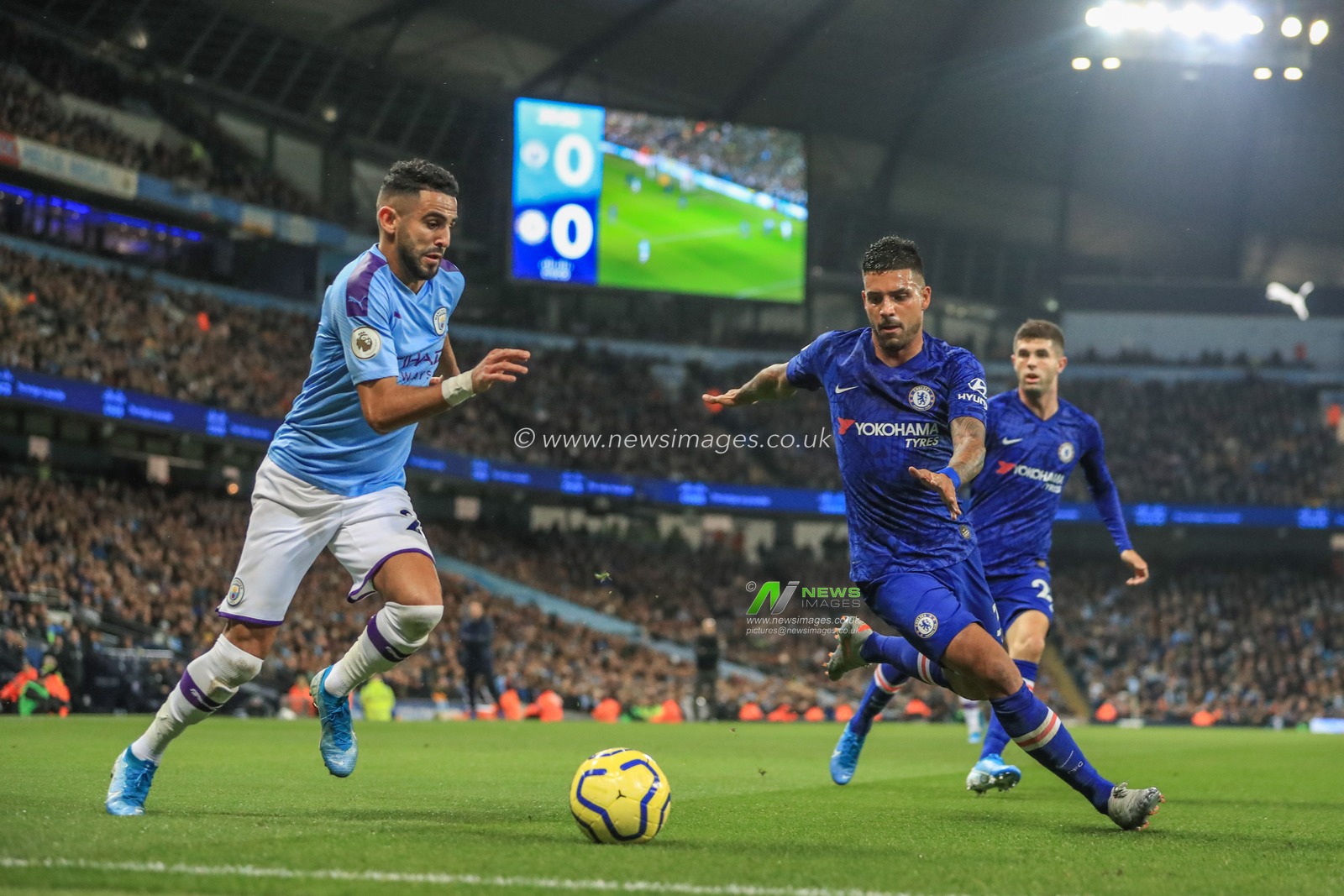 23rd November 2019, Etihad Stadium, Manchester, England; Premier League, Manchester City v Chelsea : Riyad Mahrez (26) of Manchester City looks for a way past Emerson Palmieri (33) of Chelsea 

Credit: Mark Cosgrove/News Images