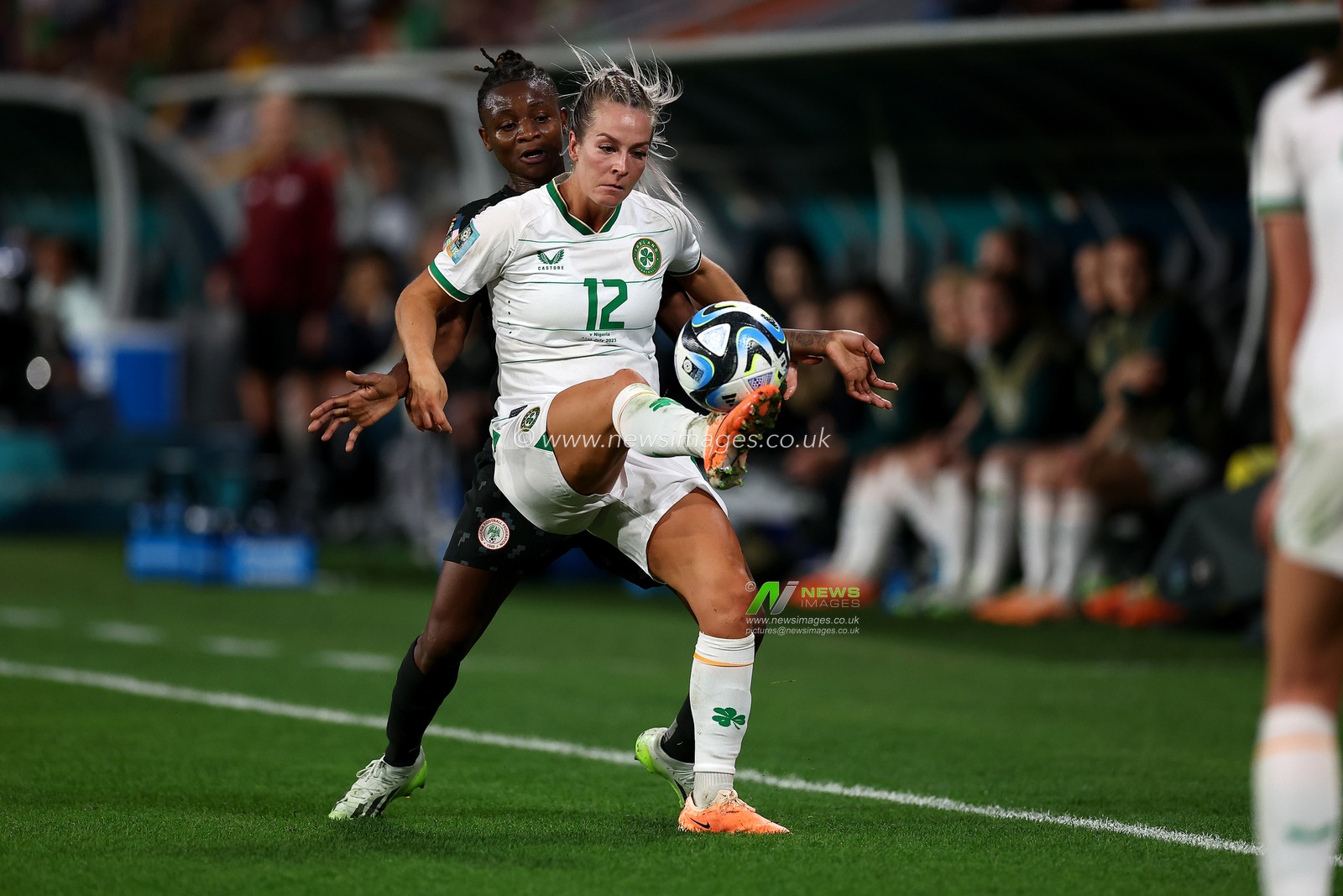 Lily Agg of Ireland and Lily Agg of Ireland compete for the ball during the FIFA Women's World Cup 2023 Group B  match Ireland Women vs Nigeria Women at Suncorp Stadium, Brisbane, Australia, 31st July 2023

(Photo by Patrick Hoelscher/News Images)