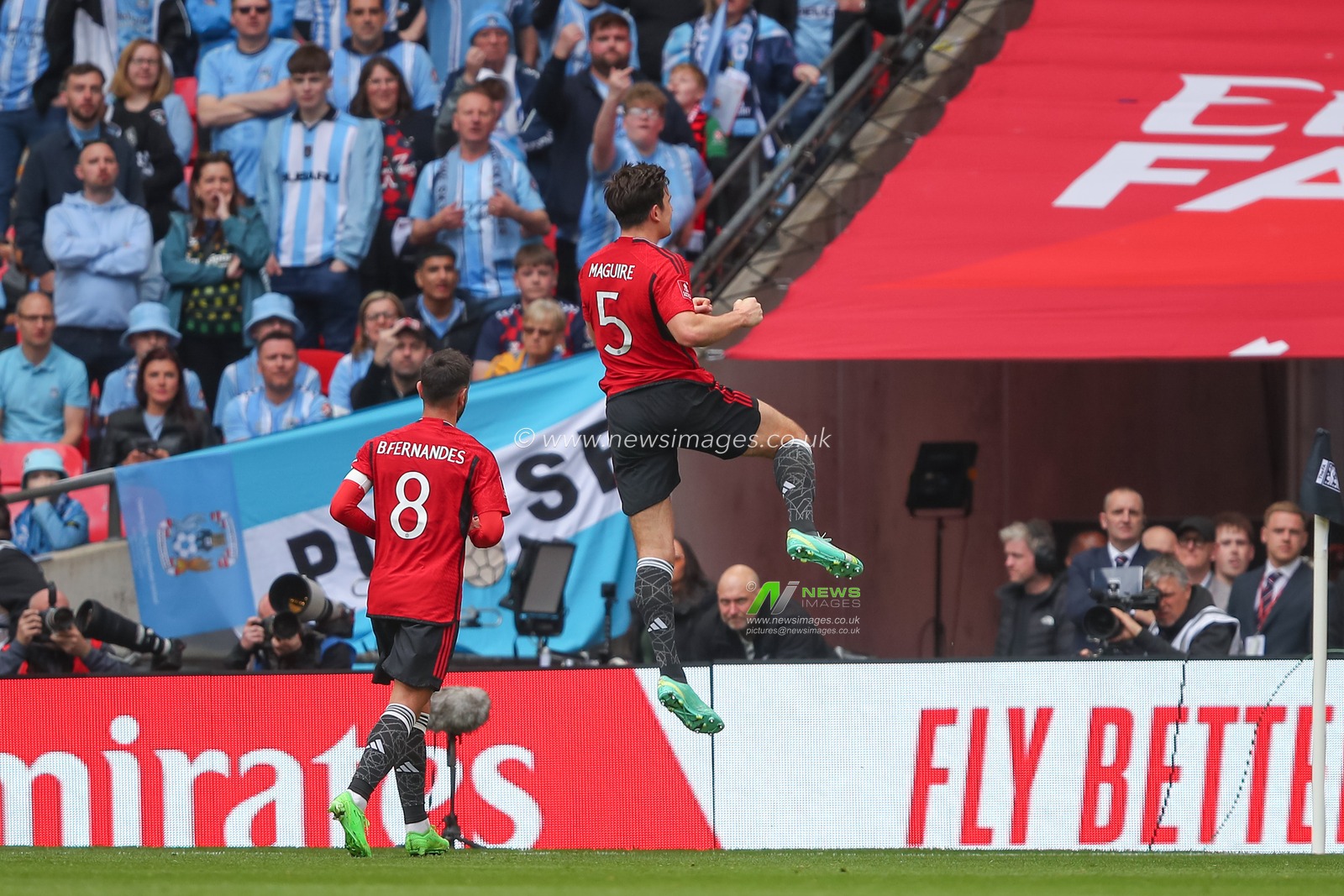 Harry Maguire of Manchester United celebrates his goal to make it 0-2 Manchester United, during the Emirates FA Cup Semi-Final match Coventry City vs Manchester United at Wembley Stadium, London, United Kingdom, 21st April 2024

(Photo by Gareth Evans/News Images)