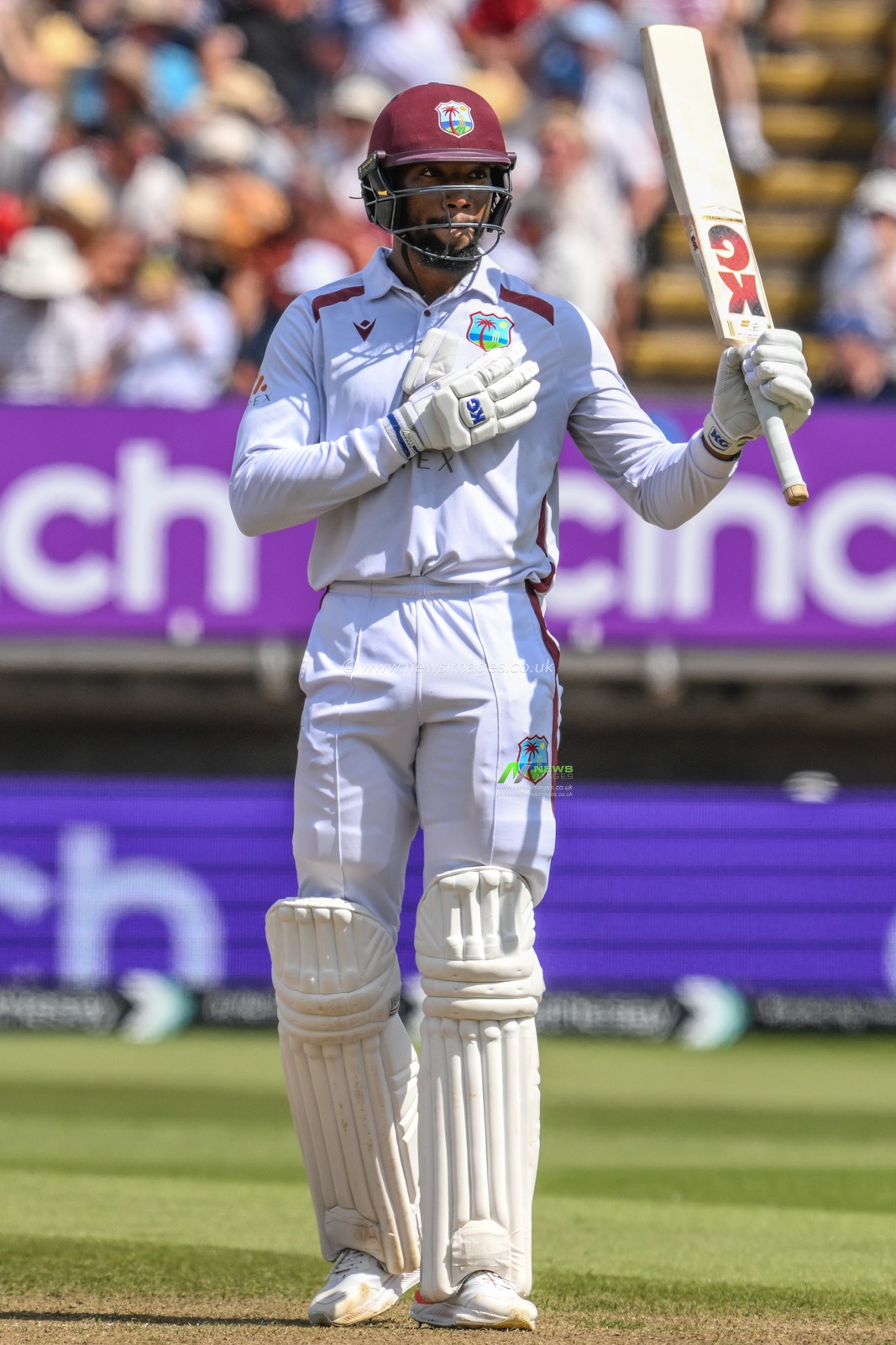 Mikyle Louis of West Indies celebrates a half century (50 runs) during the 3rd Rothesay Test Match Day 3 England vs West Indies at Edgbaston, Birmingham, United Kingdom, 28th July 2024

(Photo by Craig Thomas/News Images)