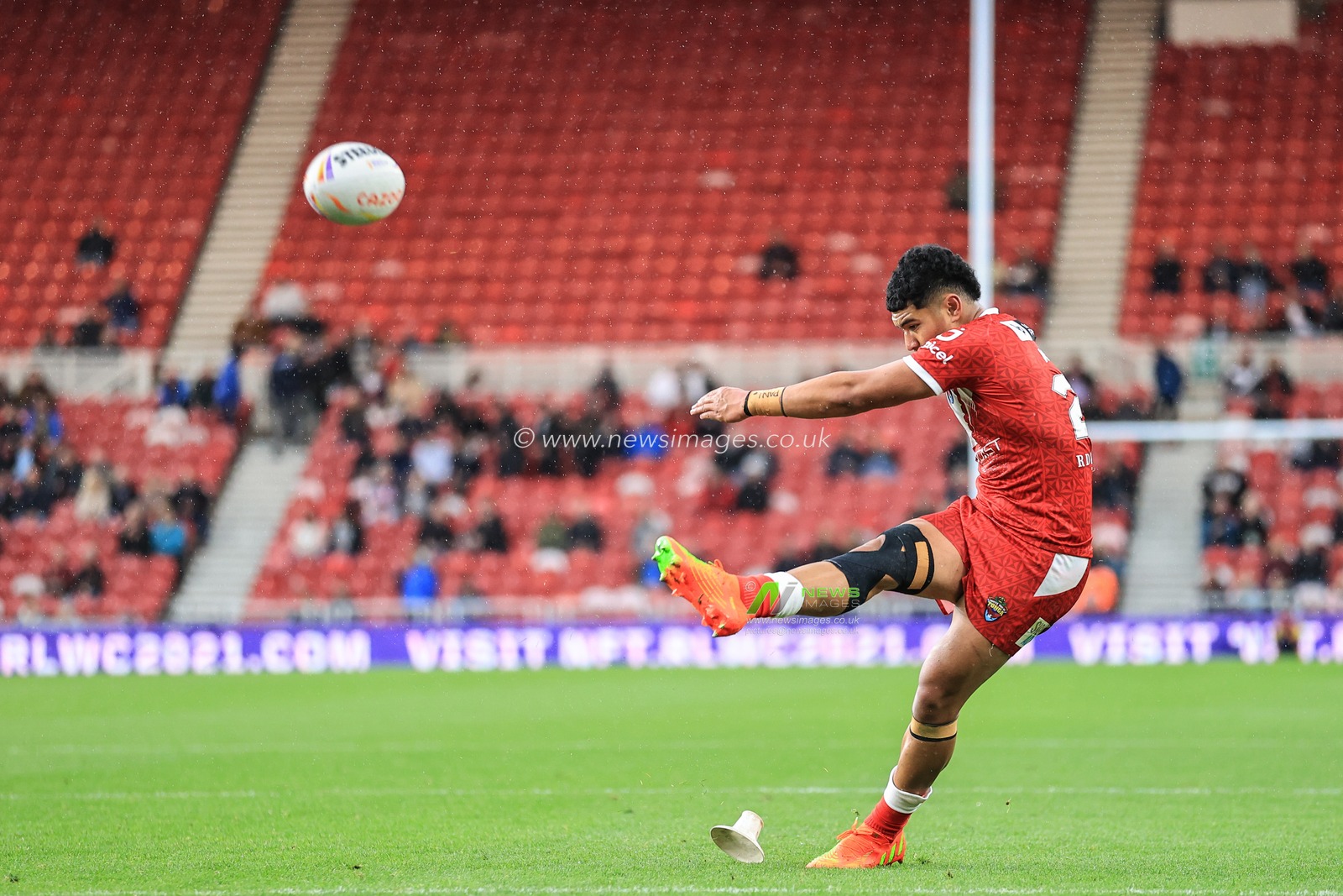 Isaiya Katoa of Tonga converts for a goal during the Rugby League World Cup 2021 Group D match Tonga vs Cook Islands at Riverside Stadium, Middlesbrough, United Kingdom, 30th October 2022

(Photo by Mark Cosgrove/News Images)