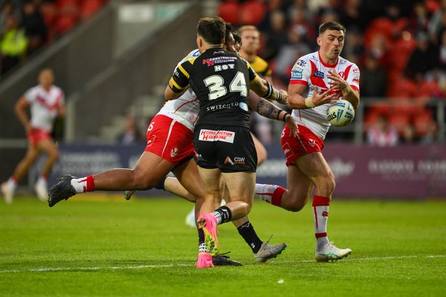 Lewis Dodd of St. Helens spills the ball during the Betfred Super League Round 16 match St Helens vs Castleford Tigers at Totally Wicked Stadium, St Helens, United Kingdom, 5th July 2024

(Photo by Craig Thomas/News Images)