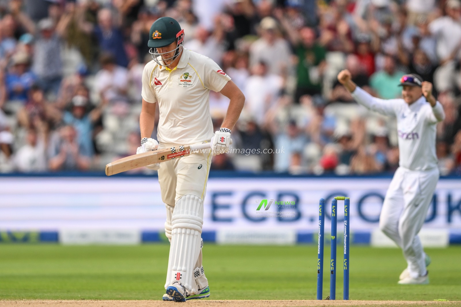 Cameron Green of Australia reacts to being bowled out by Ollie Robinson of England during the LV= Insurance Ashes First Test Series Day 5 England v Australia at Edgbaston, Birmingham, United Kingdom, 20th June 2023

(Photo by Craig Thomas/News Images)