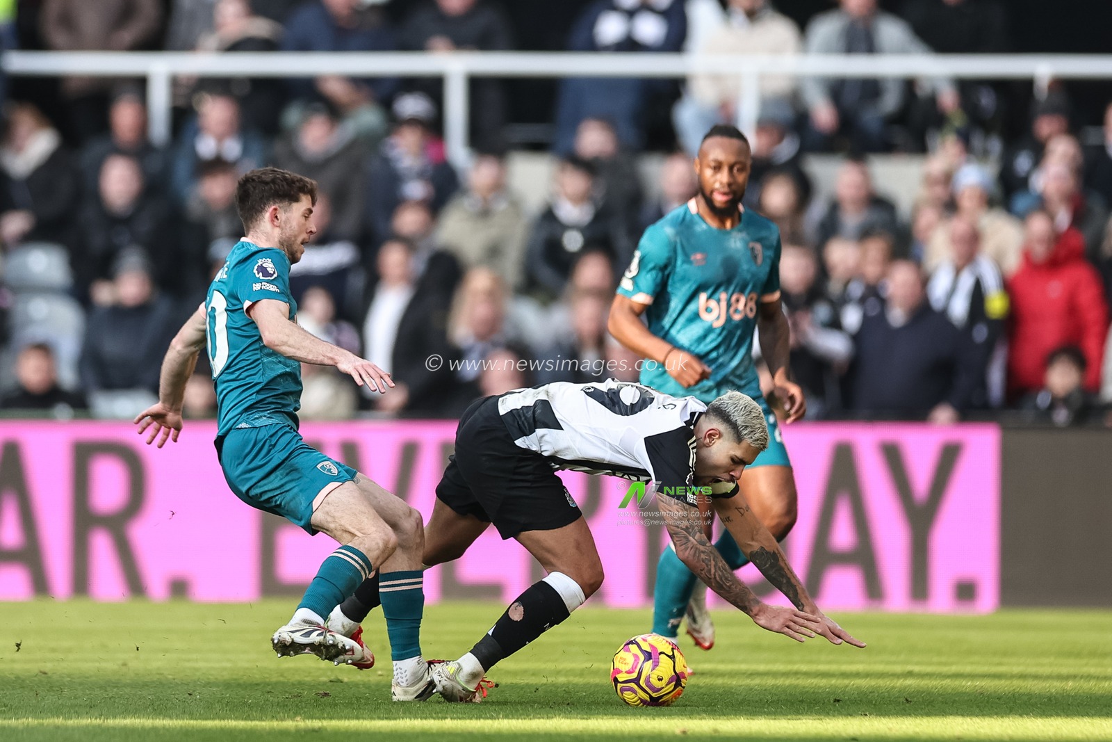 Bruno GuimarÃ£es of Newcastle United is fouled by Ryan Christie of Bournemouth during the Premier League match Newcastle United vs Bournemouth at St. James's Park, Newcastle, United Kingdom, 18th January 2025

(Photo by Mark Cosgrove/News Images)