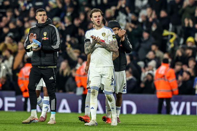 Joe Rodon of Leeds United applauds the fans after the game during the Premier League match Leeds United vs Chelsea at Elland Road, Leeds, United Kingdom, 3rd December 2025

(Photo by Alfie Cosgrove/News Images)

*** GER AUT SUI OUT ***