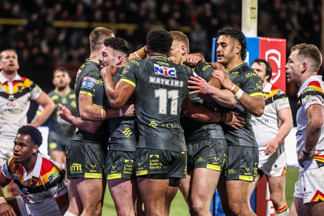 James McDonnell of Leeds Rhinos celebrates his try during the Betfred Super League round 7 match Bradford Bulls vs Leeds Rhinos at Odsal Stadium, Bradford, United Kingdom on 03 April 2026

(Photo by Alfie Cosgrove/News Images)