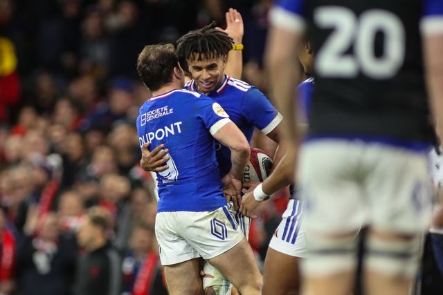 Theo Attissogbe of France celebrates scoring a try for his team during the Guinness Six Nations match Wales vs France at Principality Stadium, Cardiff, United Kingdom, 15th February 2026

(Photo by Andrew Lewis/News Images)