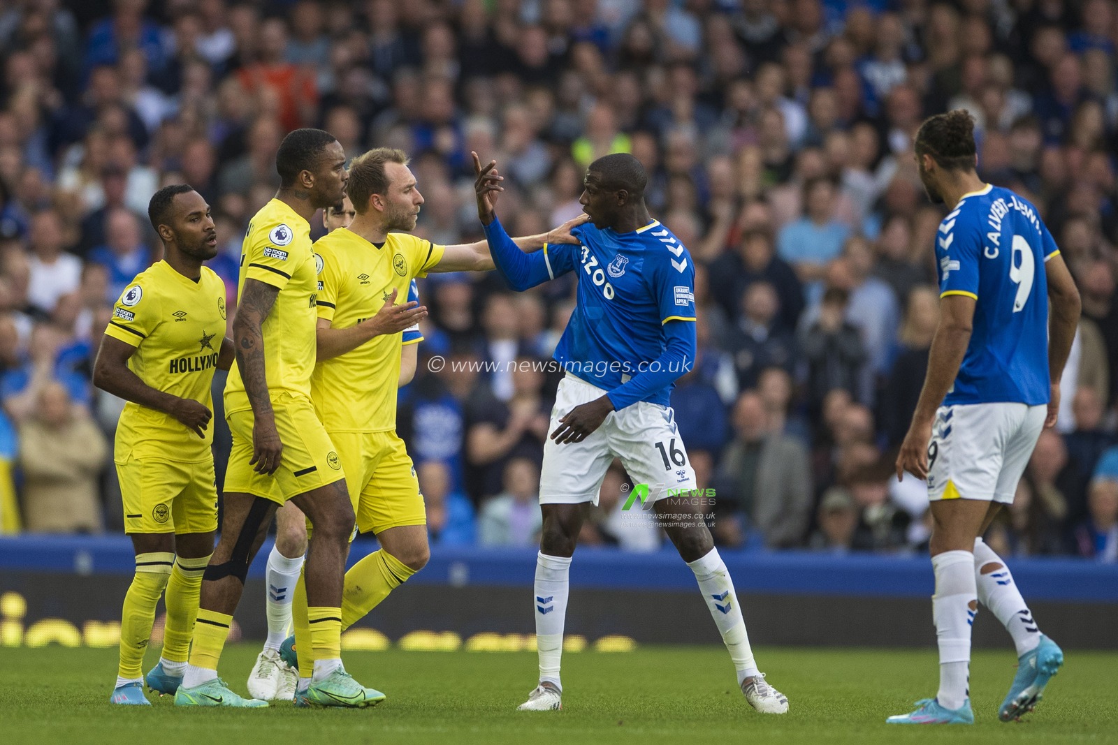 Abdoulaye Doucoure #16 of Everton remonstrates with Christian Eriksen #21 of Brentford