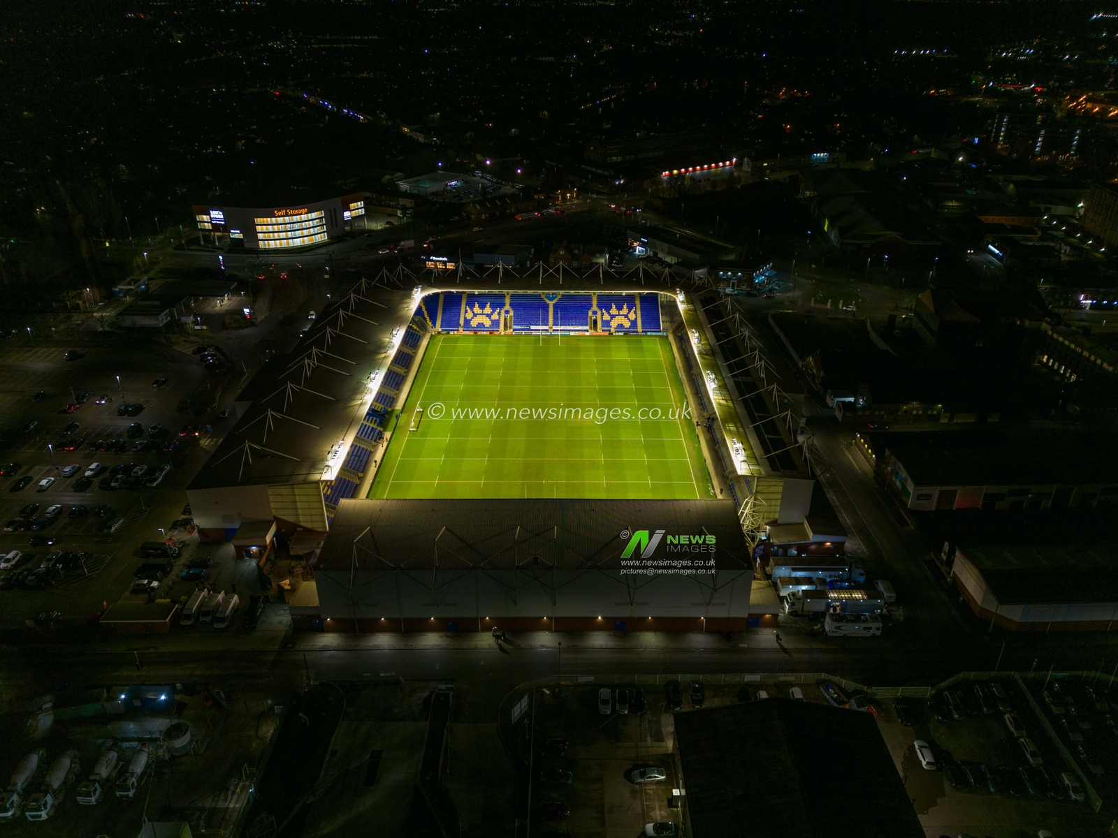General aerial view of The Halliwell Jones Stadium, Home of Warrington Wolves after the Betfred Super League Round 1 match Warrington Wolves vs Leeds Rhinos at Halliwell Jones Stadium, Warrington, United Kingdom, 16th February 2023

(Photo by Craig Thomas/News Images)