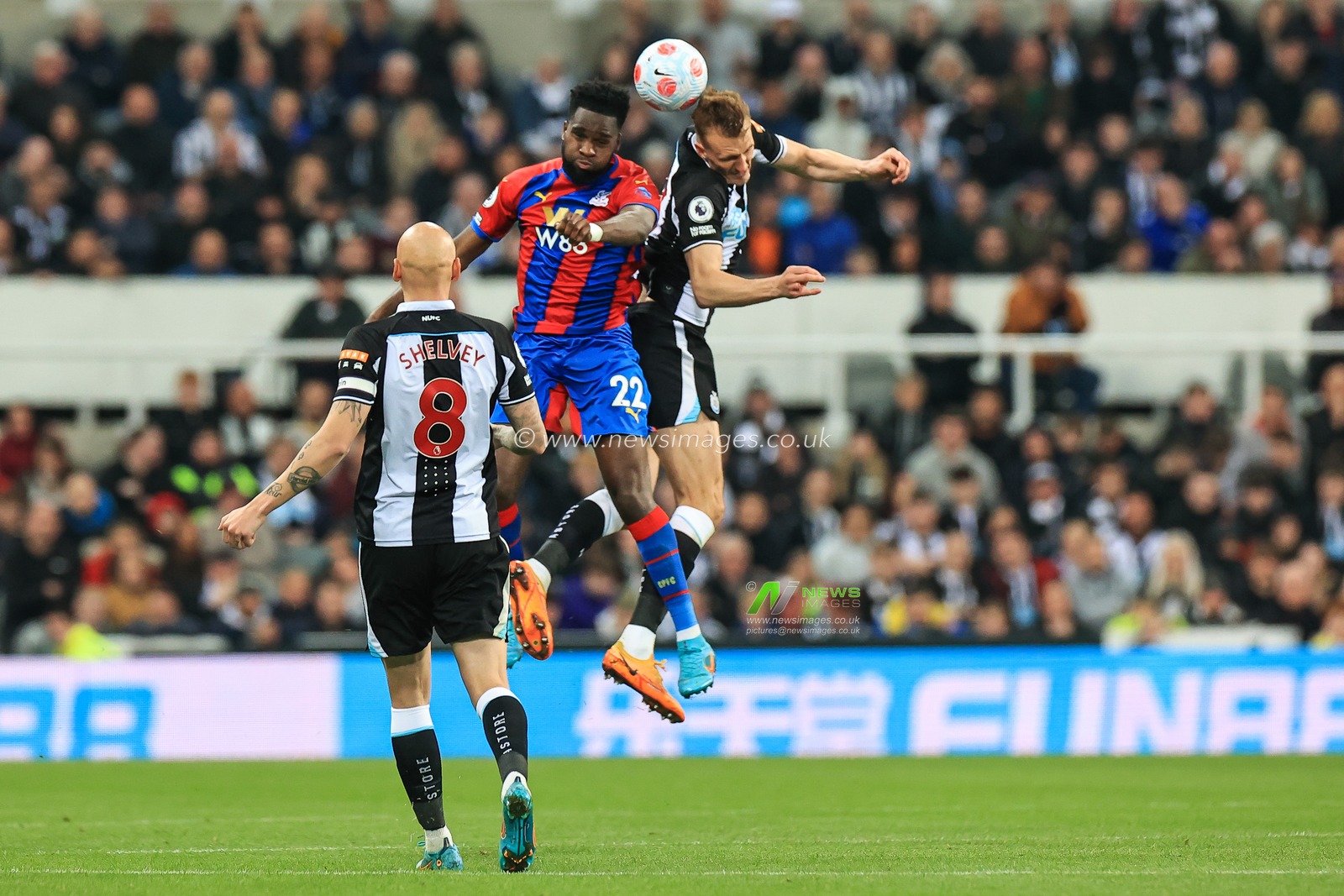 Odsonne Edouard #22 of Crystal Palace and Dan Burn #33 of Newcastle United battles for the ball