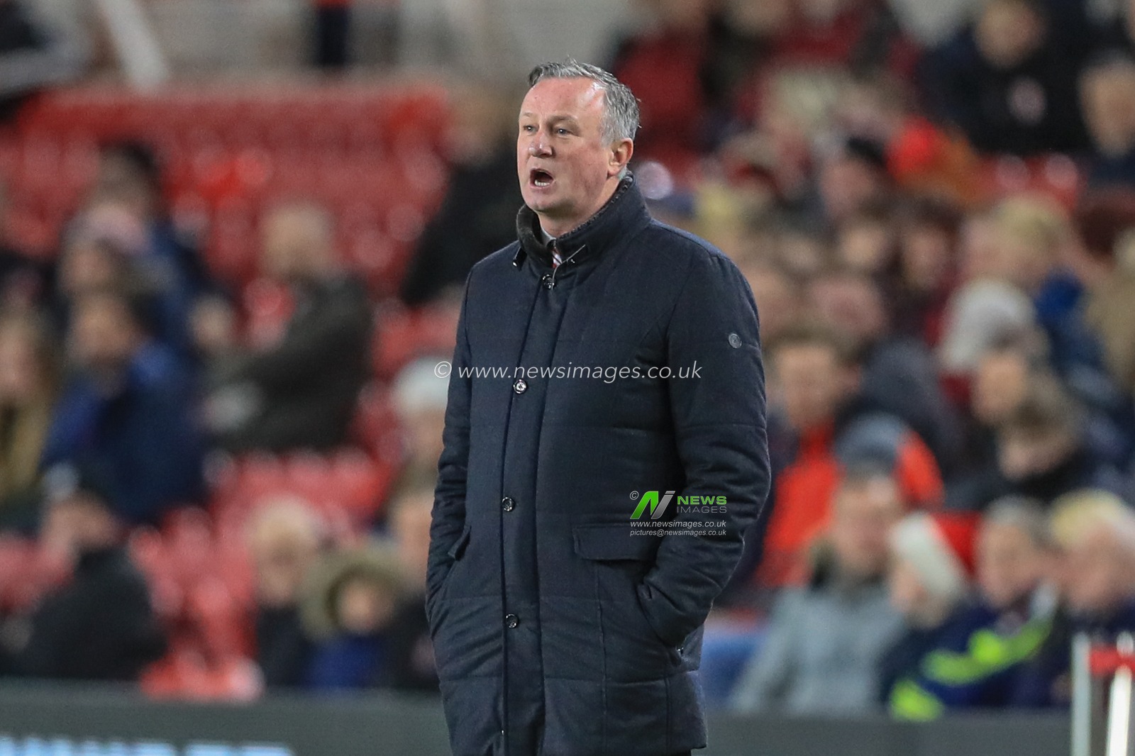 20th December 2019, Riverside Stadium, Middlesbrough, England; Sky Bet Championship, Middlesbrough v Stoke City : Michael O'Neill manager of Stoke City gives his team instructions 

Credit: Mark Cosgrove/News Images
