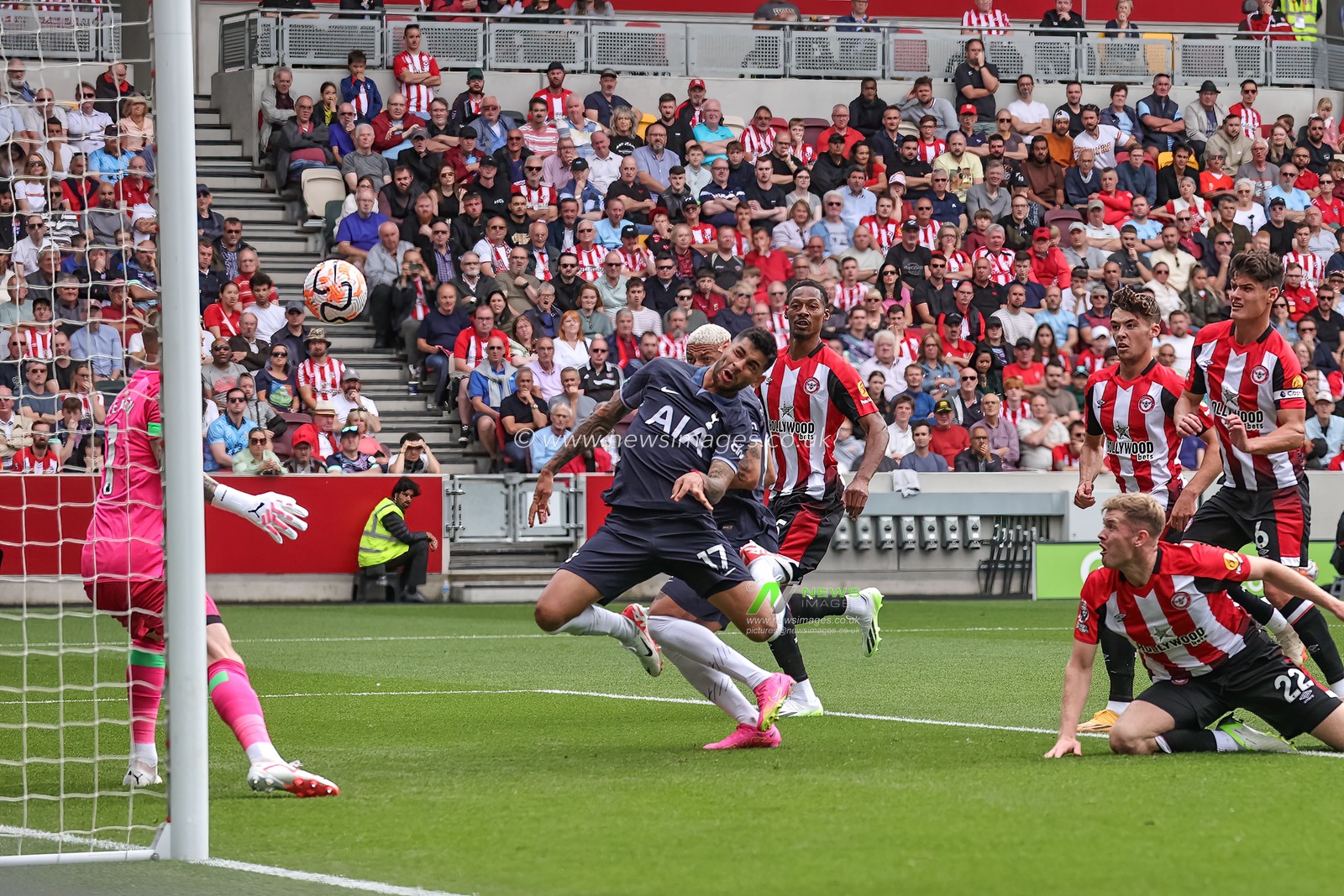 Cristian Romero Tottenham Hotspur scores to make it -01 during the Premier League match Brentford vs Tottenham Hotspur at Brentford Community Stadium, London, United Kingdom, 13th August 2023

(Photo by Mark Cosgrove/News Images)