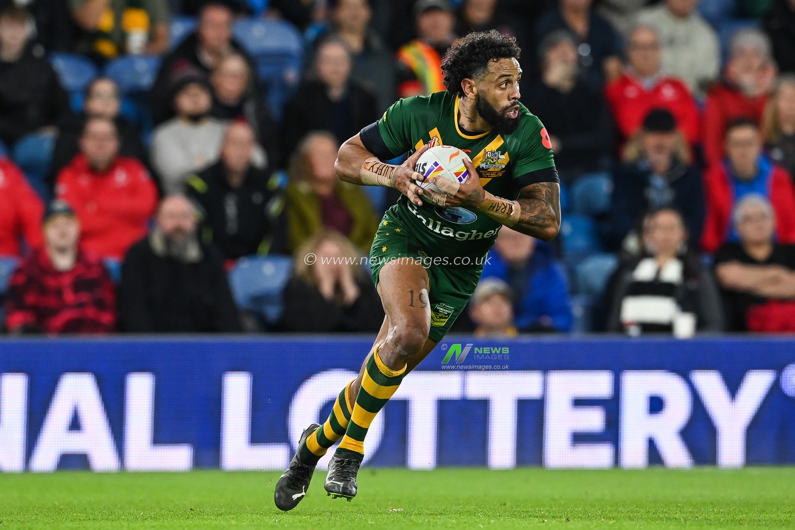 Josh Addo-Carr of Australia in action during the Rugby League World Cup 2021 Semi Final match Australia vs New Zealand at Elland Road, Leeds, United Kingdom, 11th November 2022

(Photo by Craig Thomas/News Images)