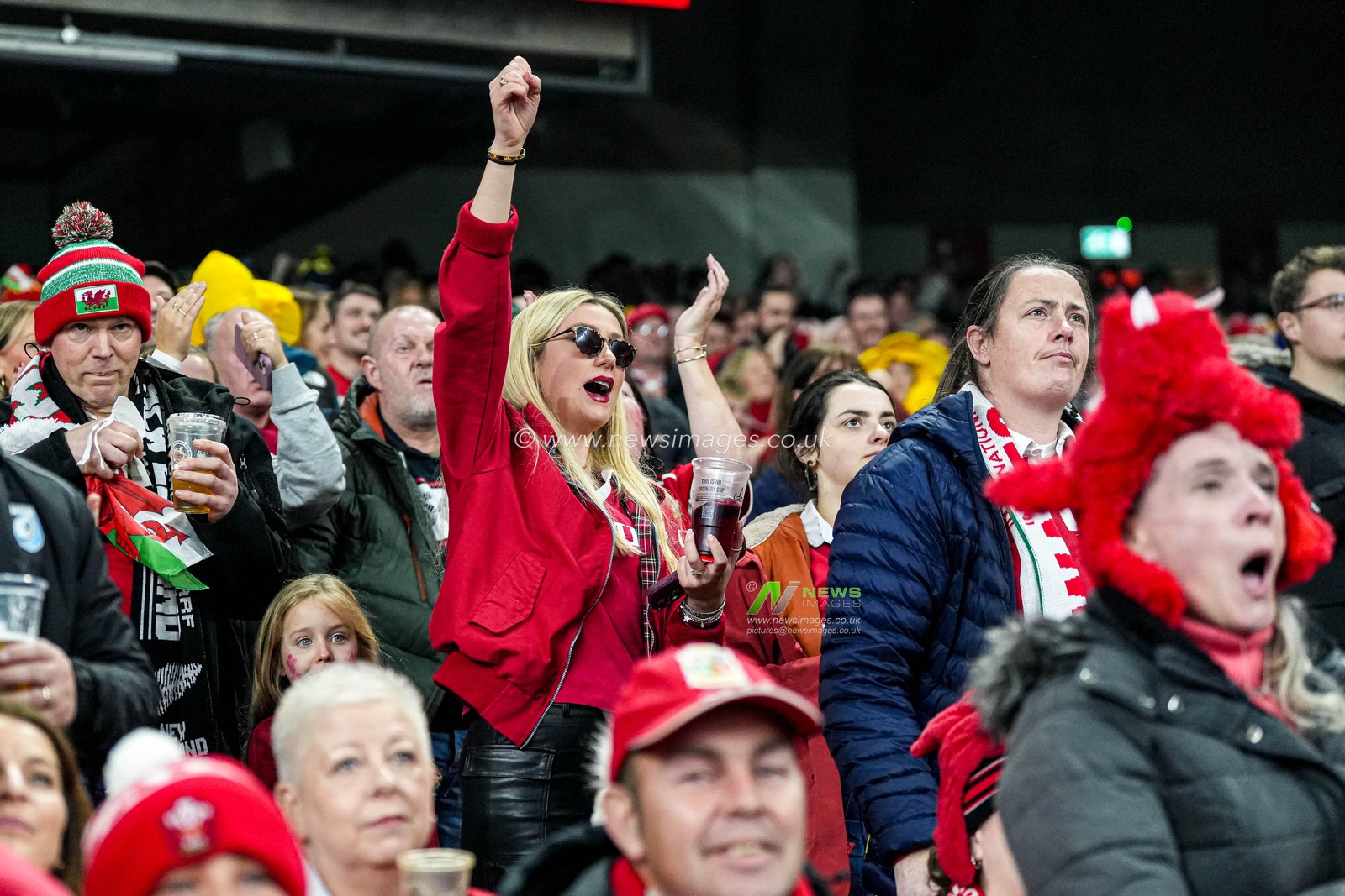 Welsh fans celebrate their first try during the Quilter Nations Series 2025 match Wales vs New Zealand at Principality Stadium, Cardiff, United Kingdom, 22nd November 2025

(Photo by Andrew Lewis/News Images)

*** GER AUT SUI OUT ***