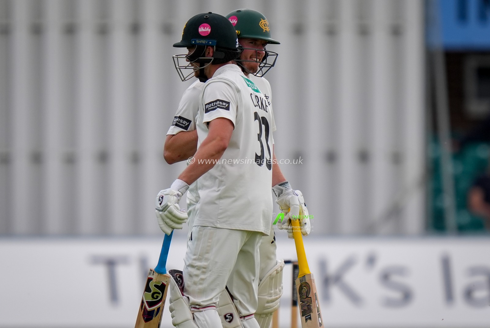Joe Clarke of Nottinghamshire celebrates reaching 50 with Ben Slater as he scores a half century during Leicestershire County Cricket Club vs Nottinghamshire County Cricket Club in Country Cricket Division One Day 1 at Grace Road, Leicester, United Kingdom on 01 May 2026

(Photo by Maynard Manyowa/News Images)