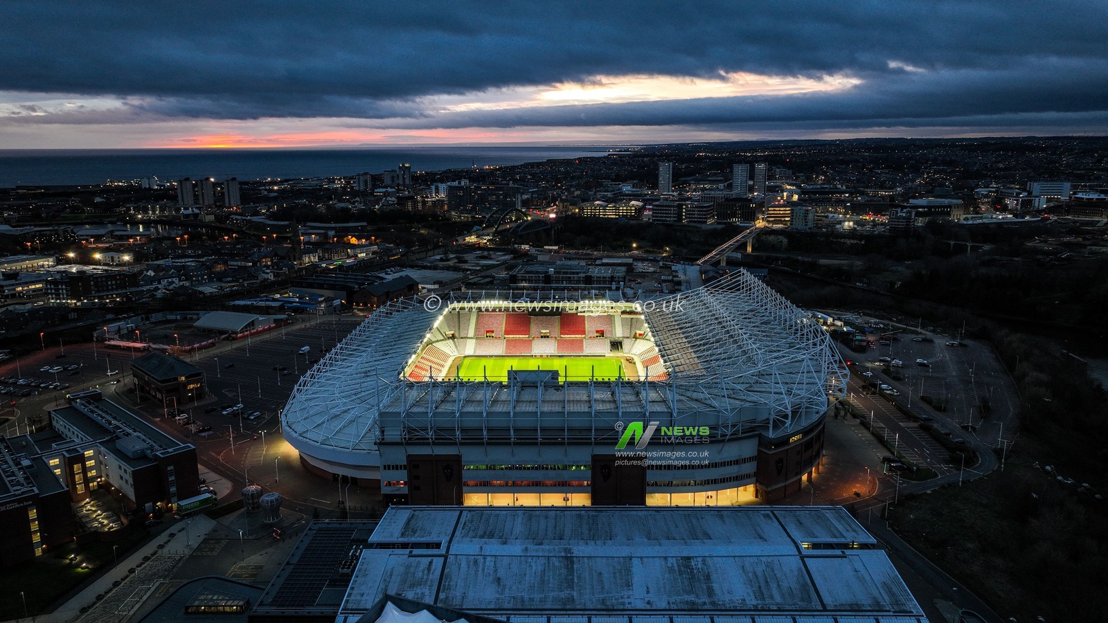An aerial view of the Stadium Of Light during sunrise ahead of the Premier League match Sunderland vs Newcastle United at Stadium Of Light, Sunderland, United Kingdom, 14th December 2025

(Photo by Alfie Cosgrove/News Images)

*** GER AUT SUI OUT ***
